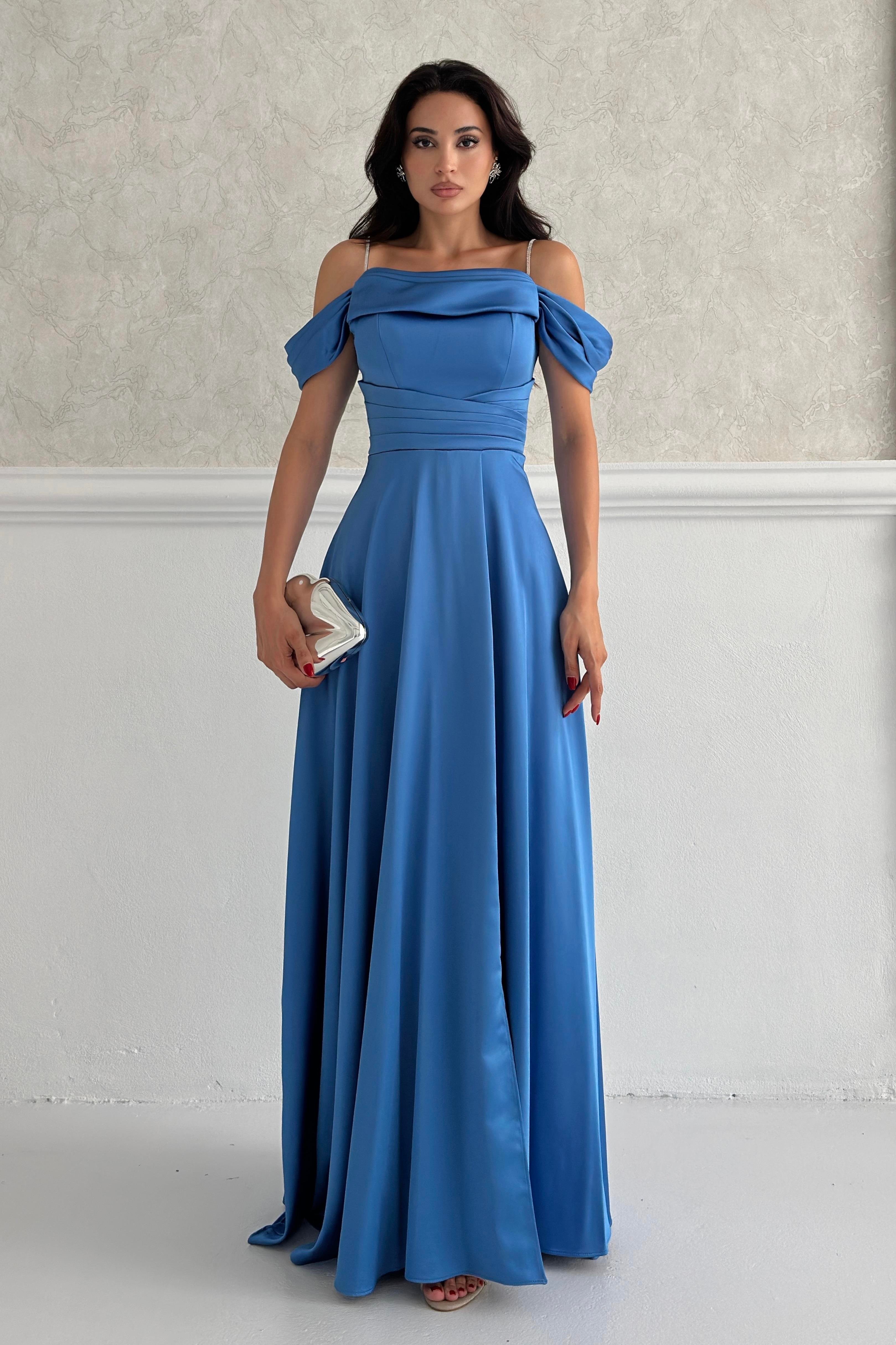 Mavi Taş Askılı Düşük Kol Saten Abiye