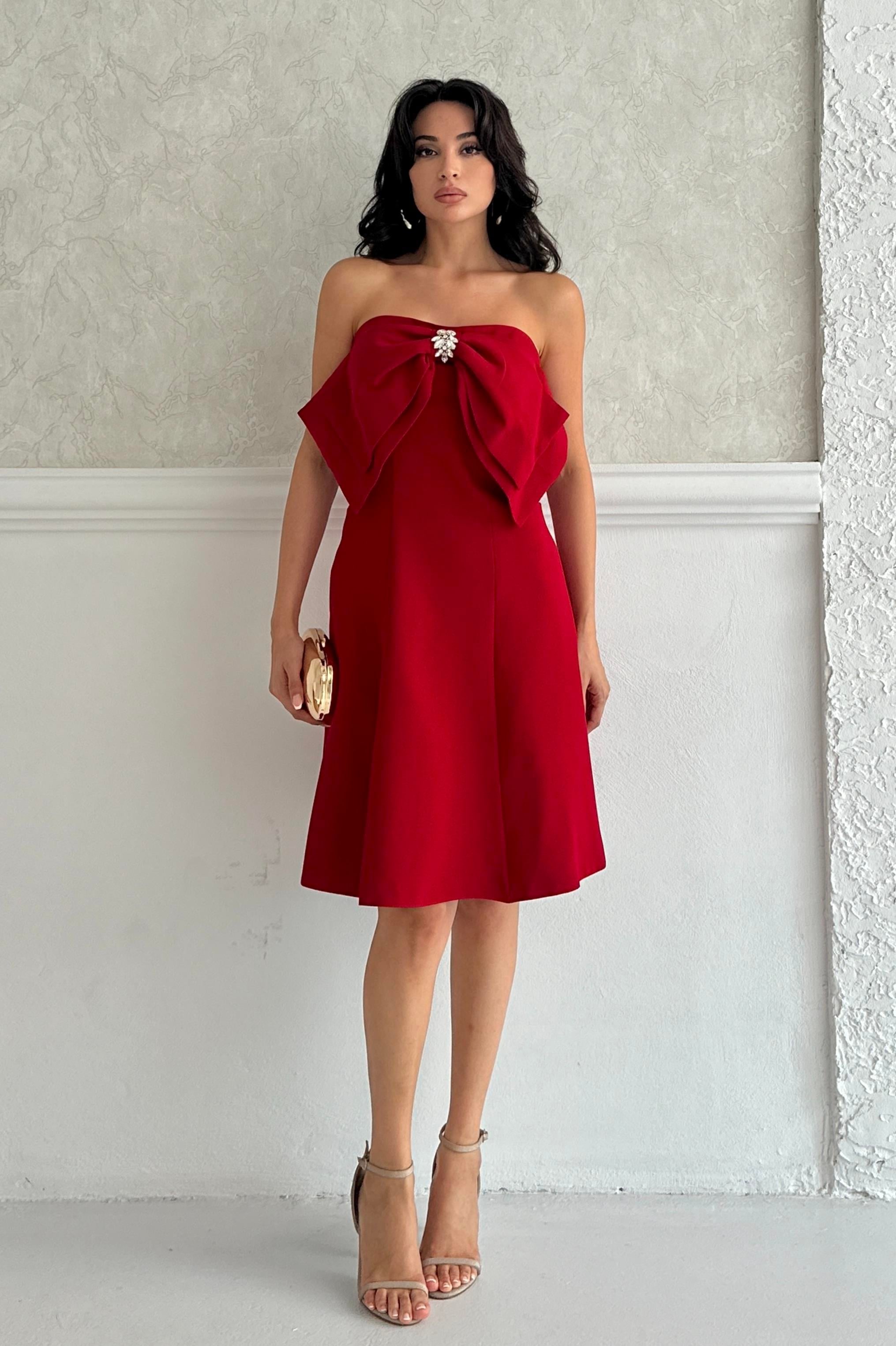 Kırmızı Fiyonk Detaylı Mini Abiye Elbise