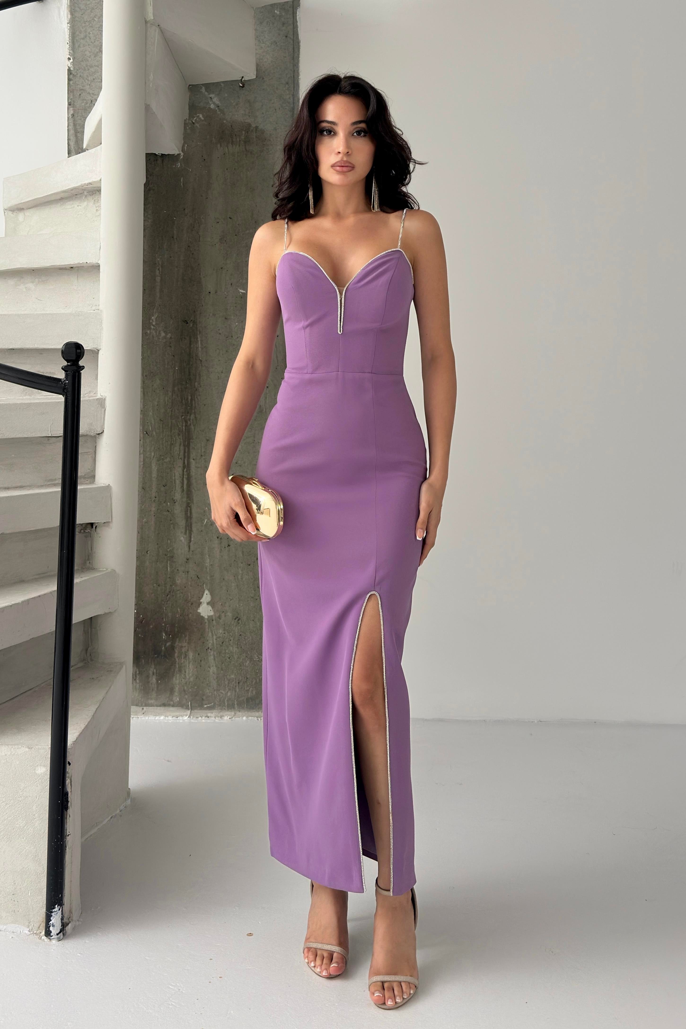 Lila Taş Askılı Yırtmaçlı Midi Abiye Elbise