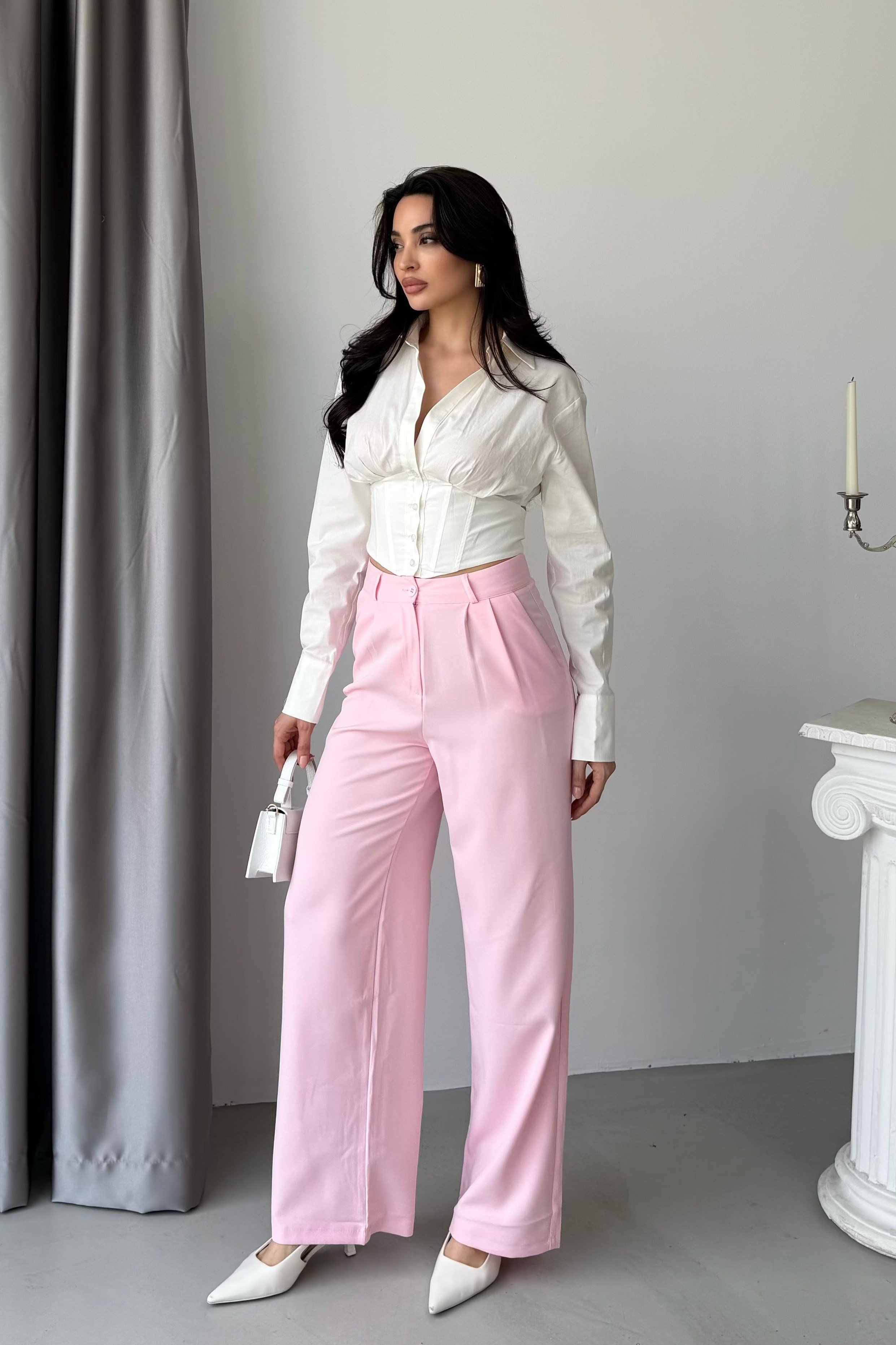 Pembe Pileli Cepli Palazzo Pantolon