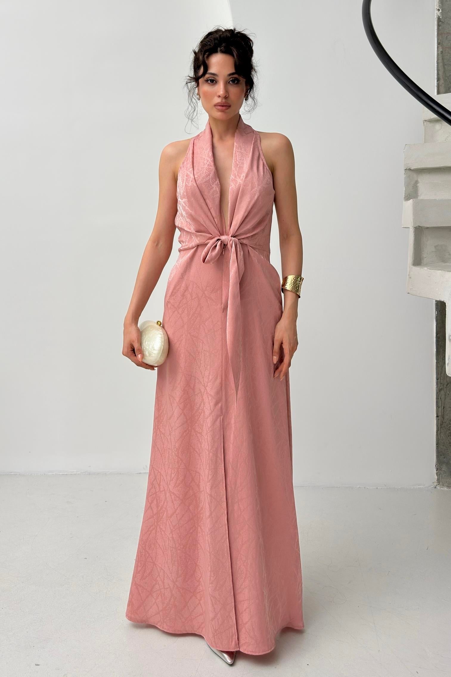 Pudra Desenli Ön Bağlamalı Sıfır Kol Elbise