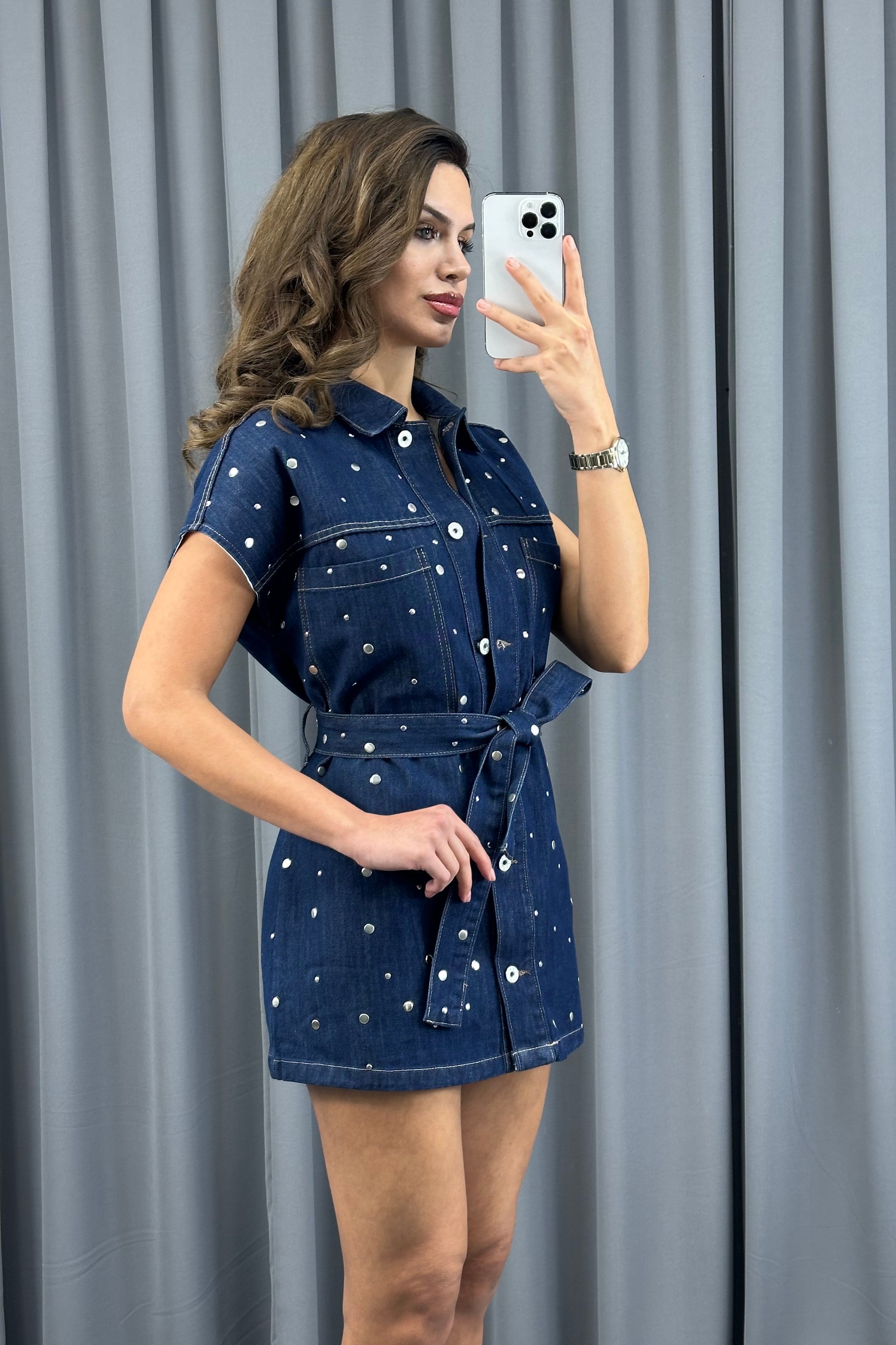 Lacivert Drop Çakımlı Kuşaklı Denim Yelek