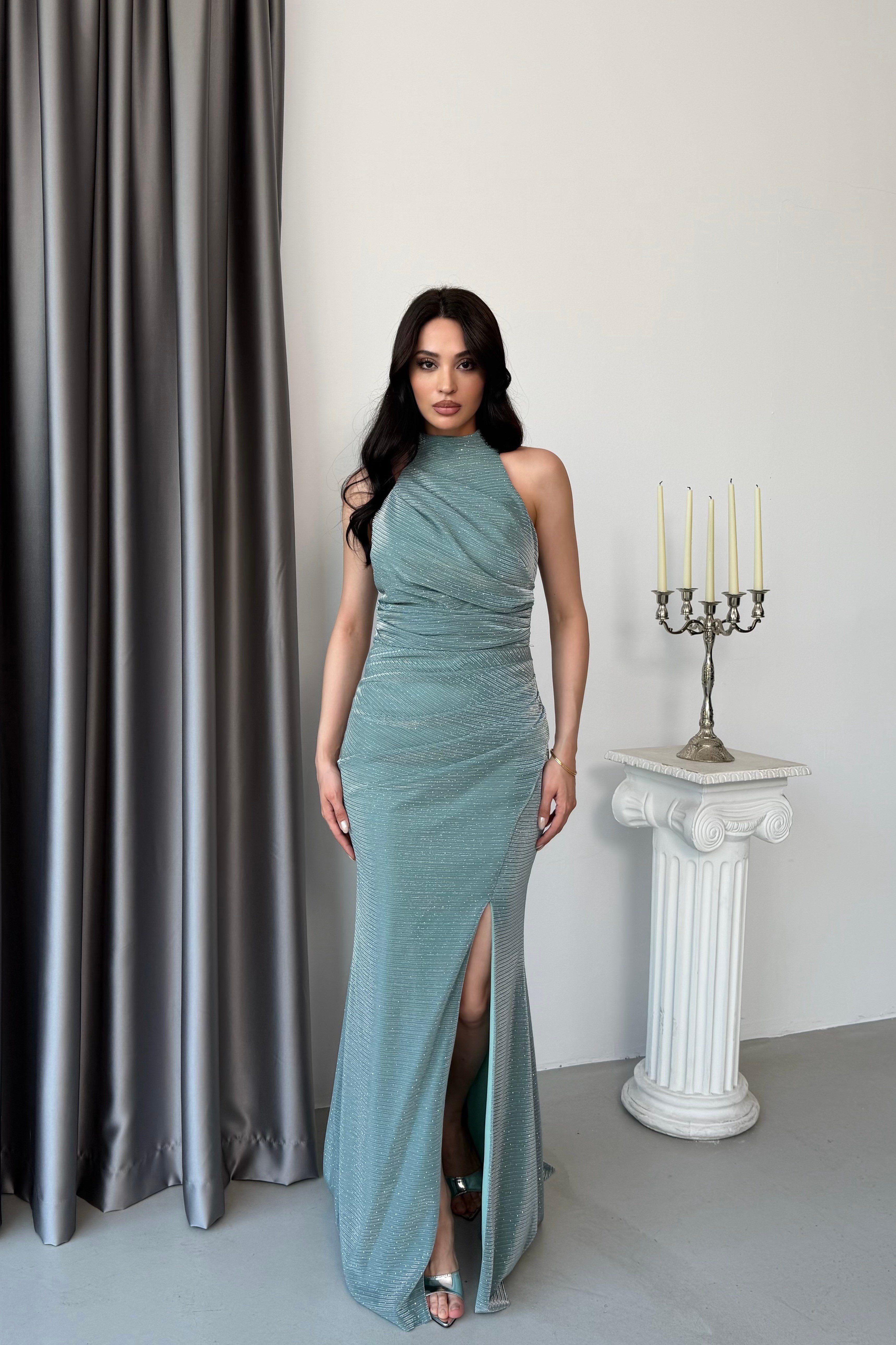 Mint Drapeli Halter Yaka Taşlı Abiye Elbise