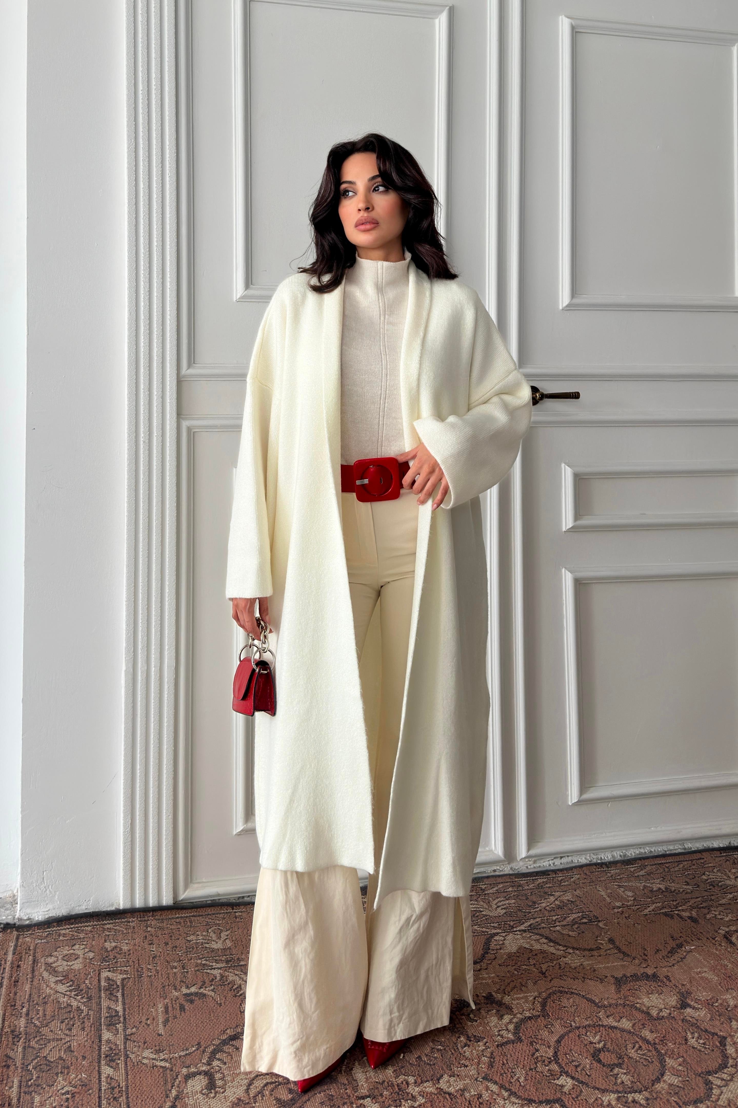 Ekru Şal Yaka Oversize Triko Hırka