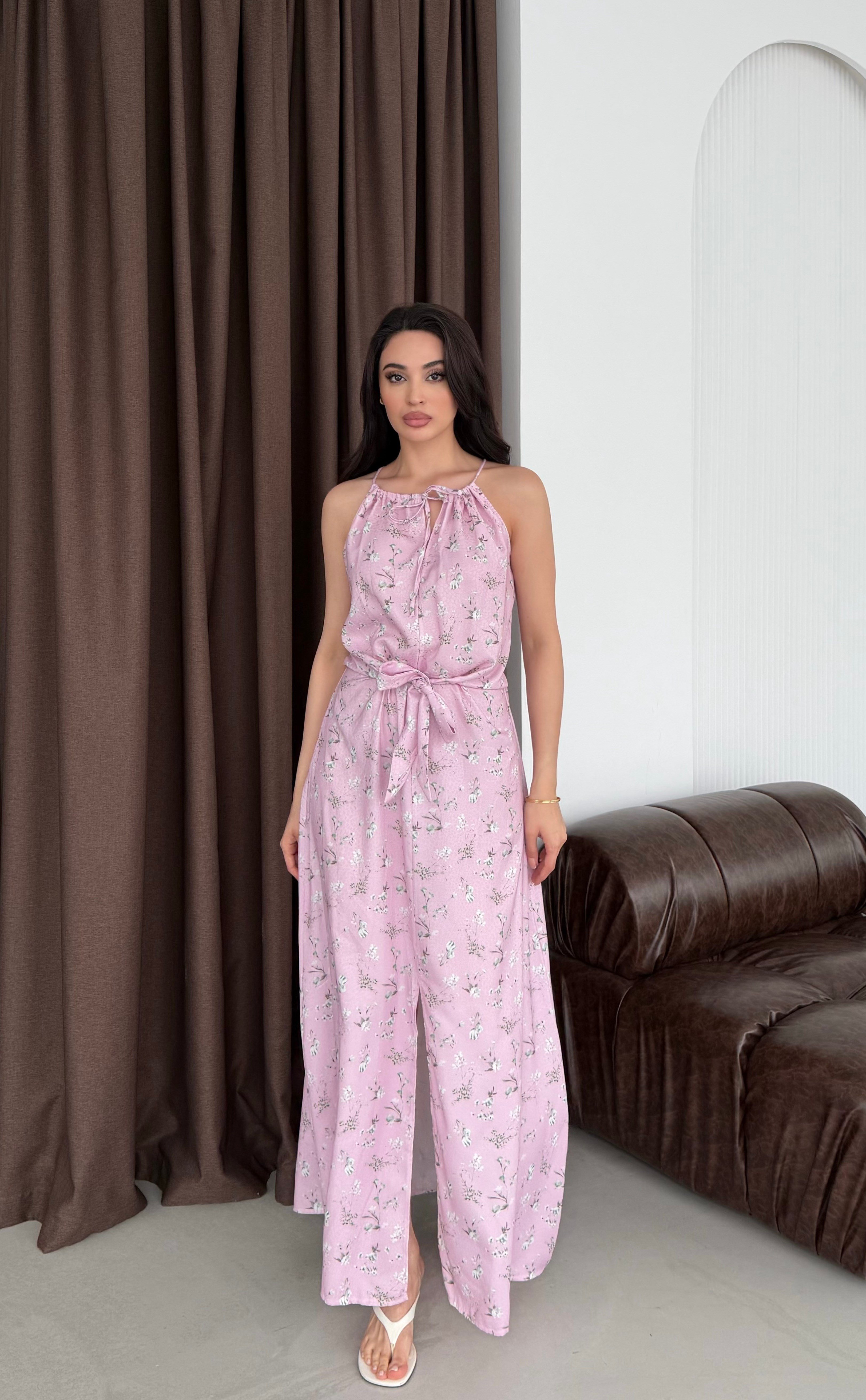 Pembe Ayarlanabilir Yakalı Önü Bağlamalı Desenli Uzun Elbise