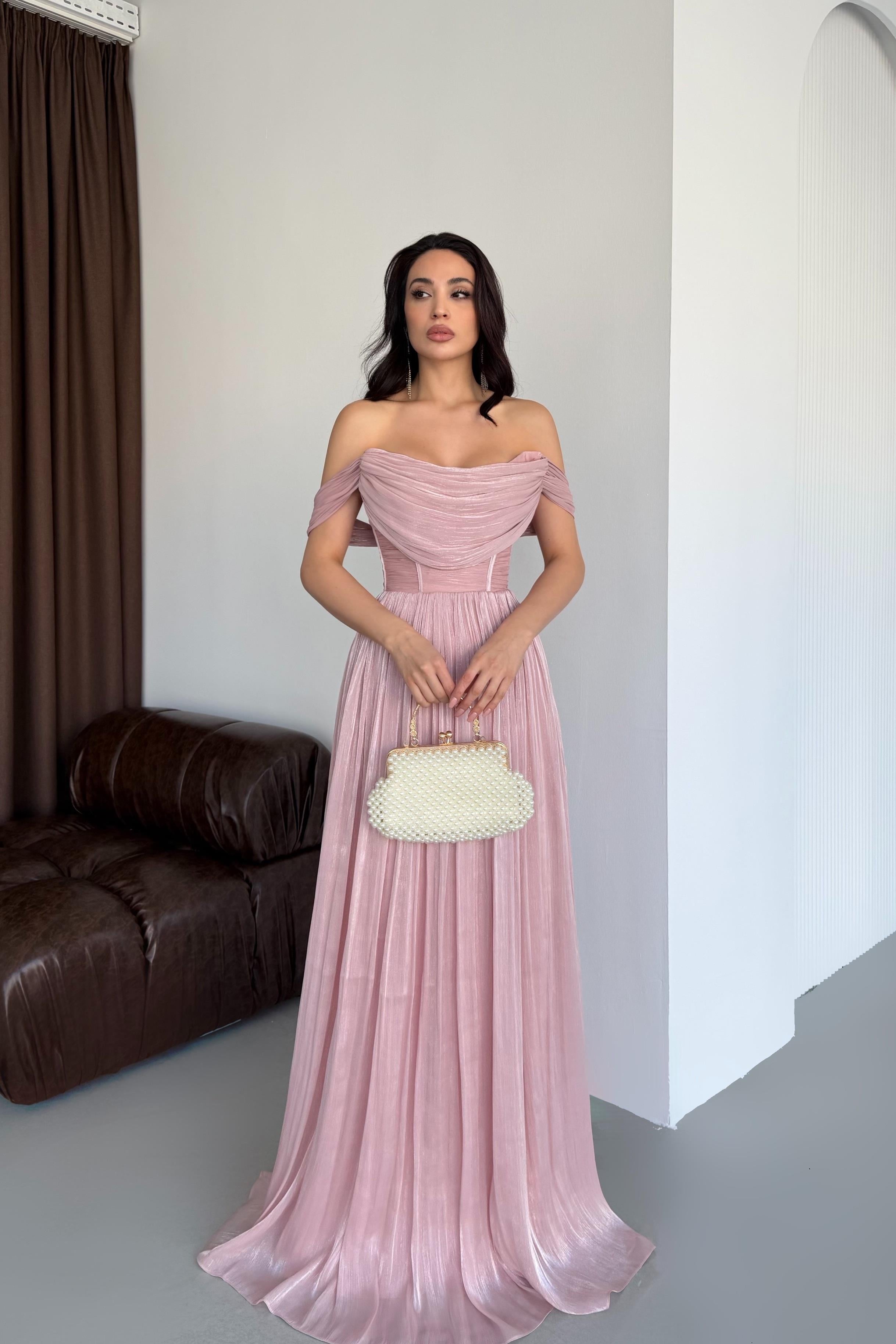 Pudra Kayık Yaka Pliseli Abiye Elbise