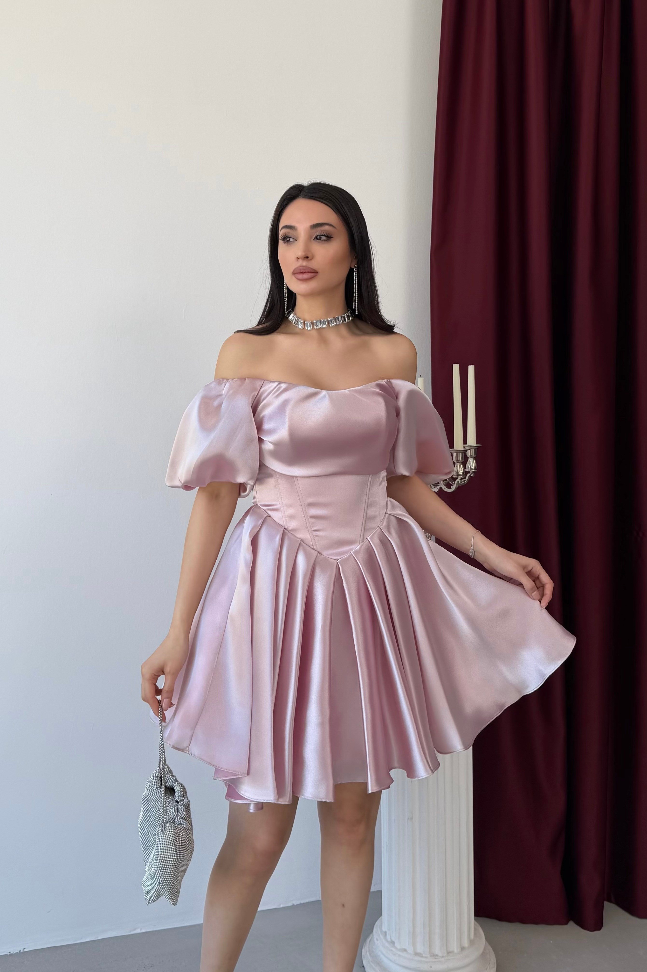 Pudra Balon Kol Korse Detaylı Kısa Mezuniyet Elbisesi