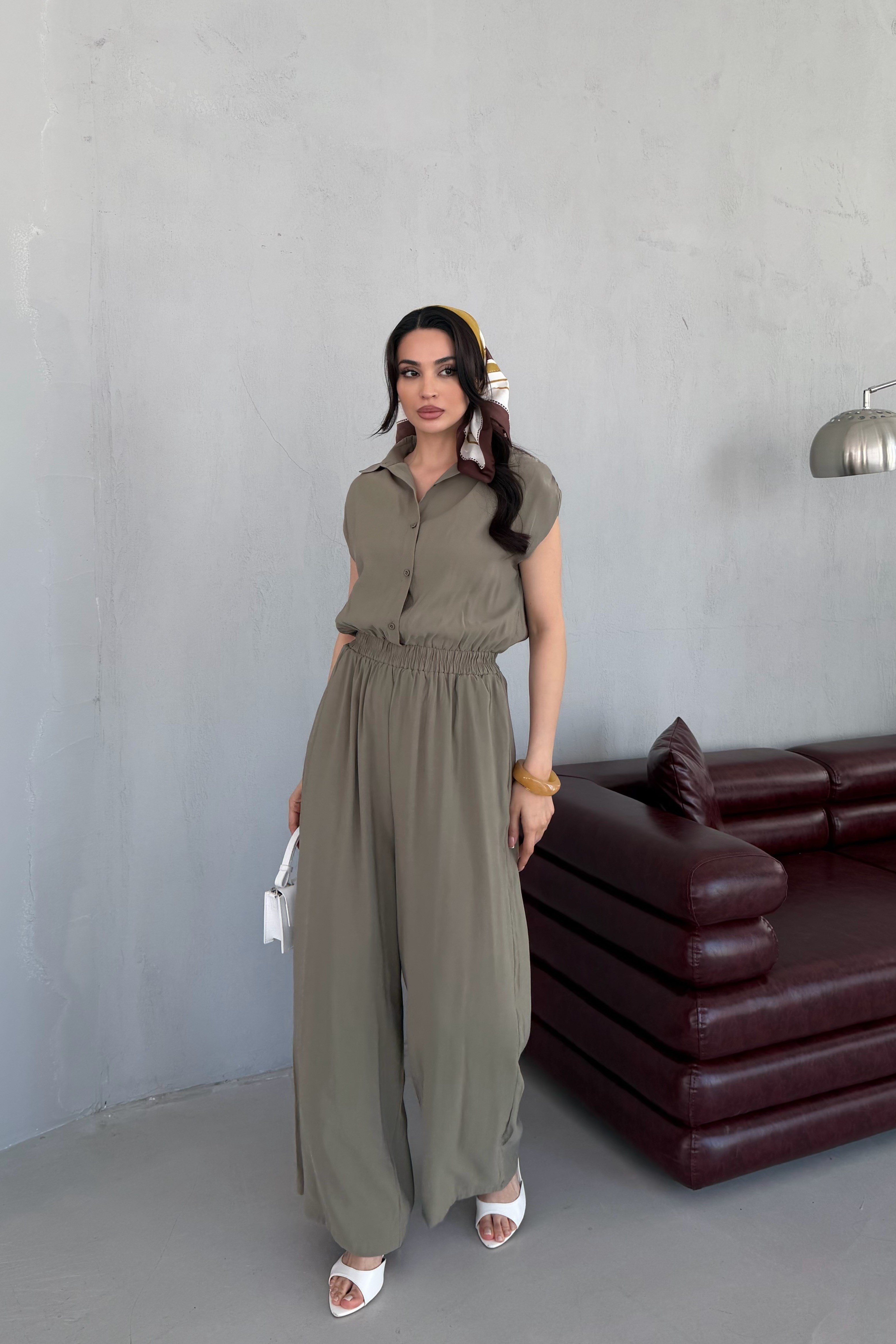 Haki Beli Lastikli Gömlek Yaka Tencel Kumaş Uzun Tulum