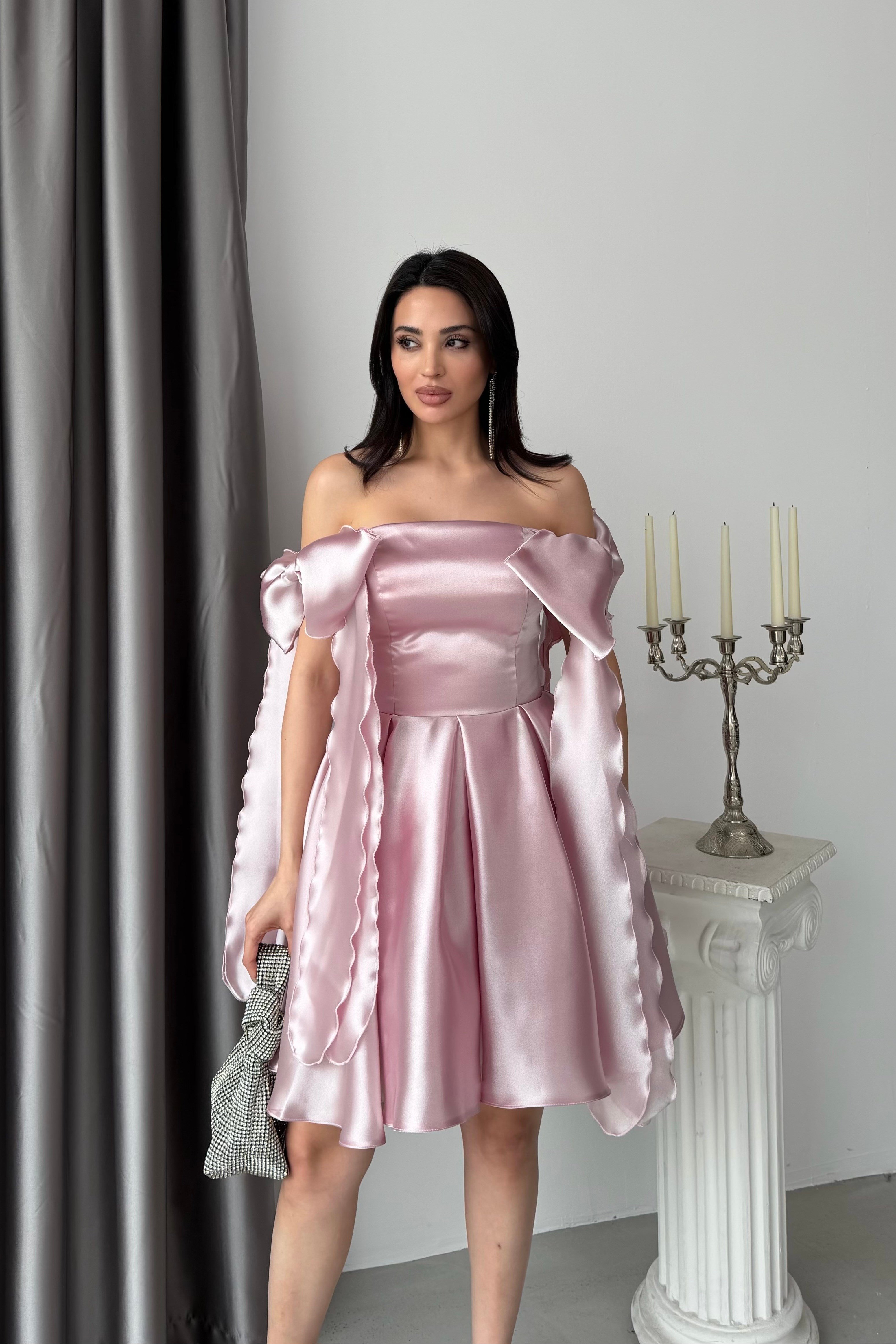 Pudra Fiyonk Askılı Kısa Organze Mezuniyet Elbisesi