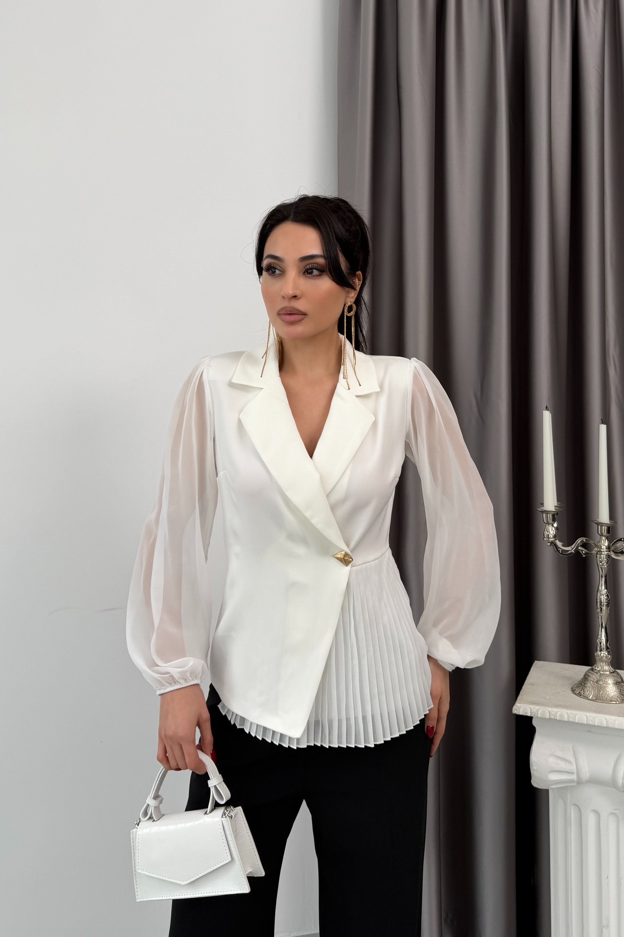 Ekru Tül Kol Pliseli Kruvaze Yaka Ceket Bluz