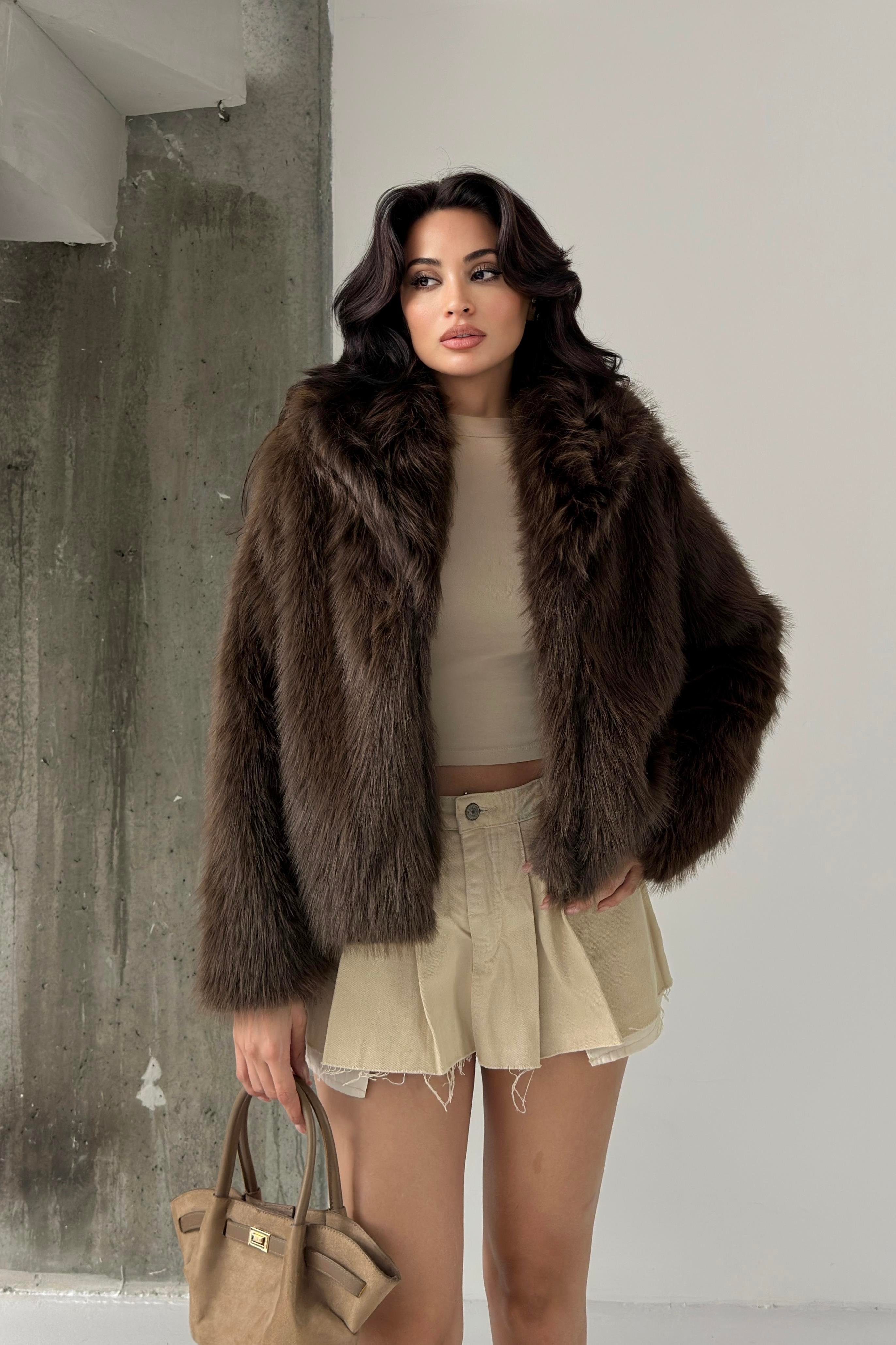 Kahverengi Premium Astarlı Suni Kürk Kaban