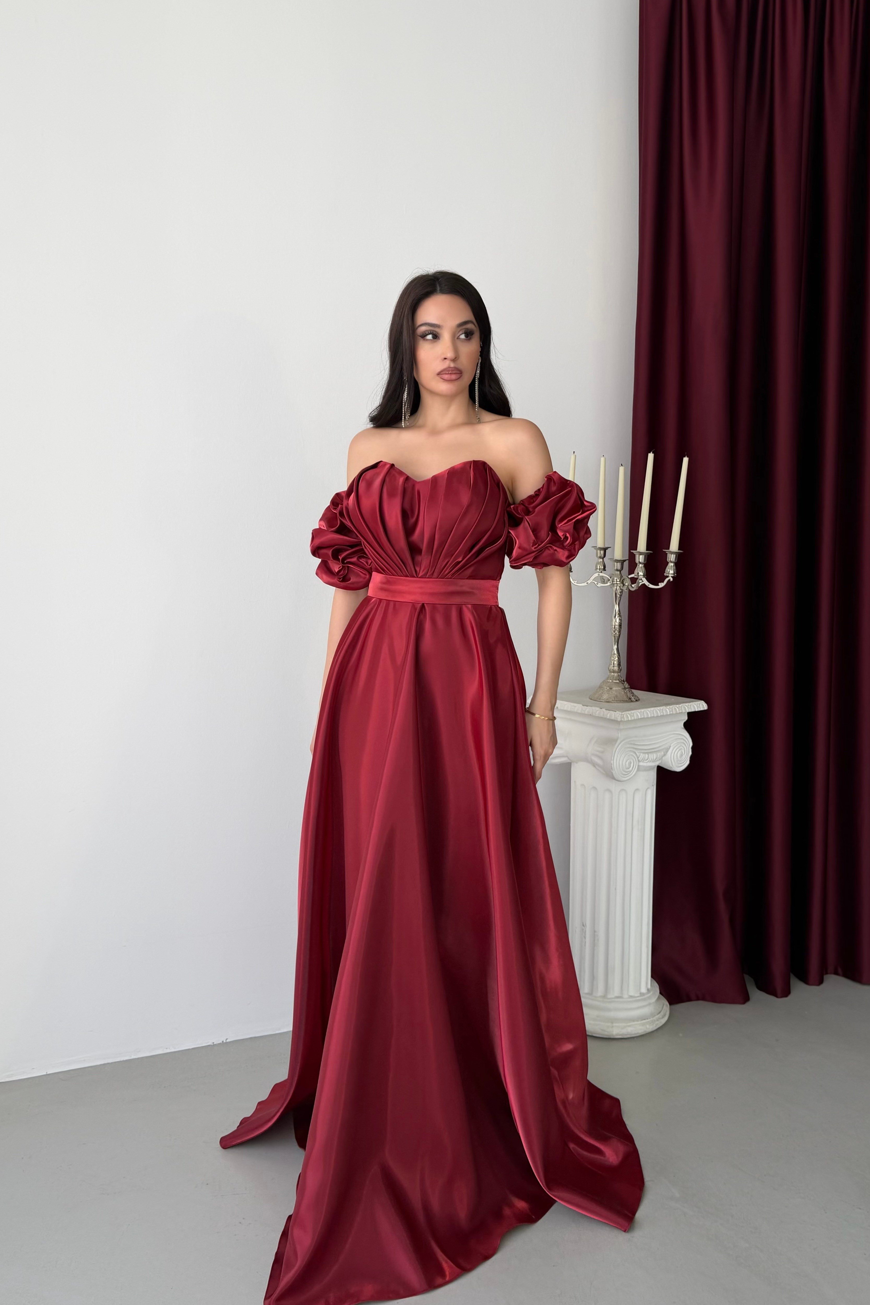 Bordo Straplez Kalp Yaka Balon Kollu Organze Abiye Elbise