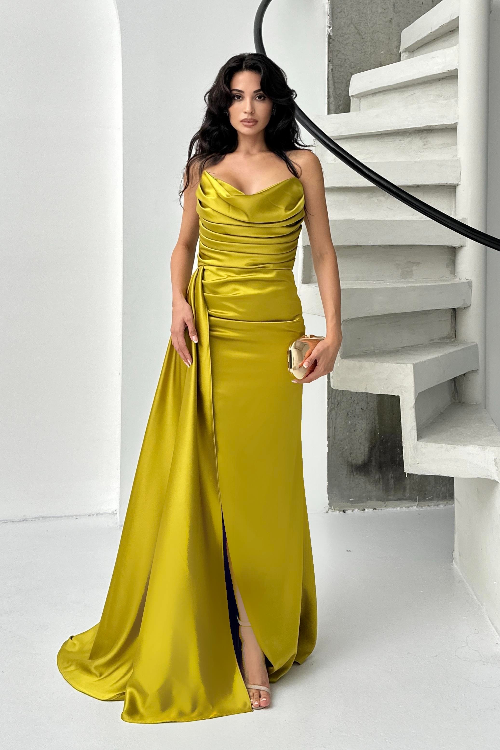 Hardal Straplez Drapeli Saten Abiye Elbise	