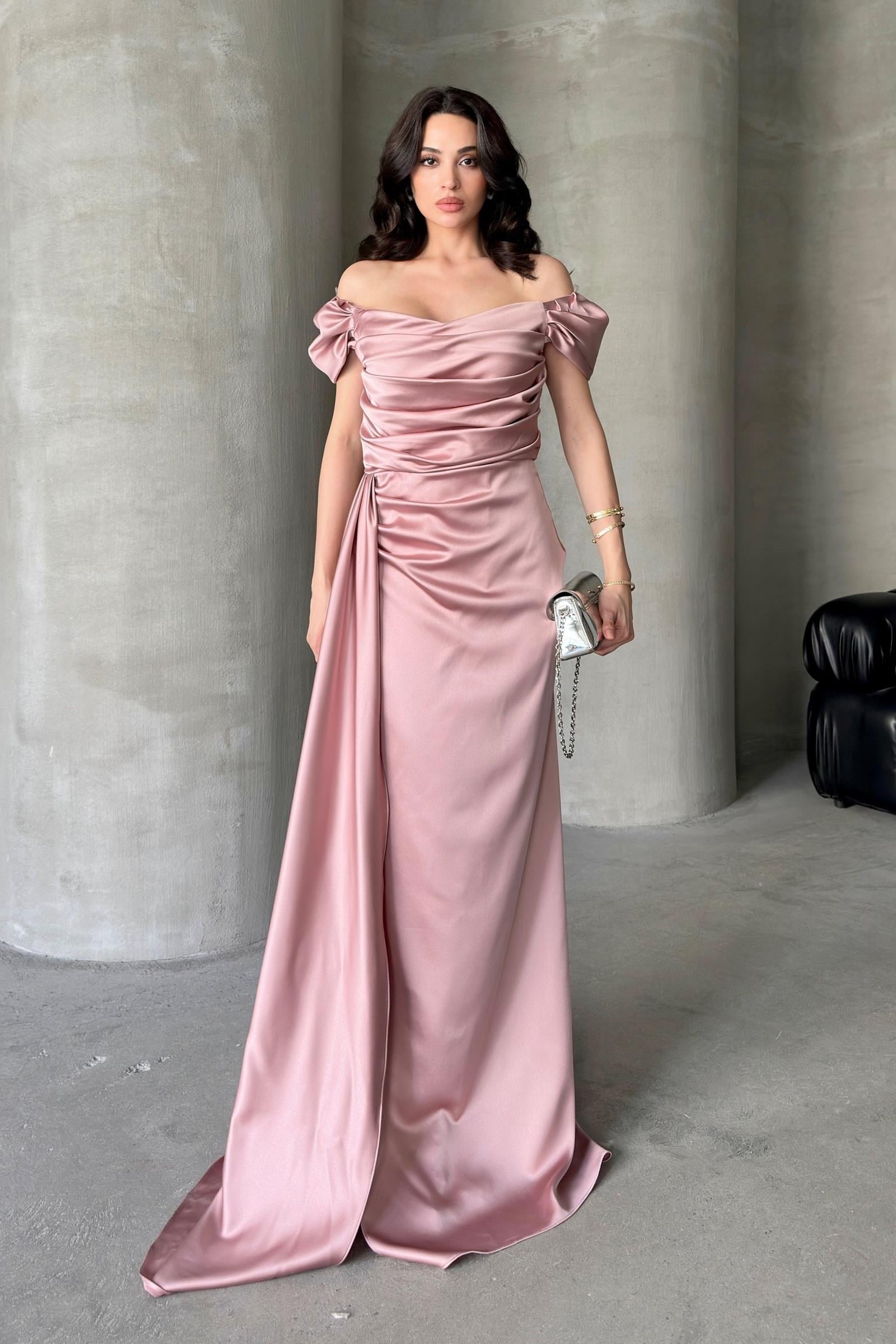 Pudra Düşük Omuz Drapeli Abiye Elbise