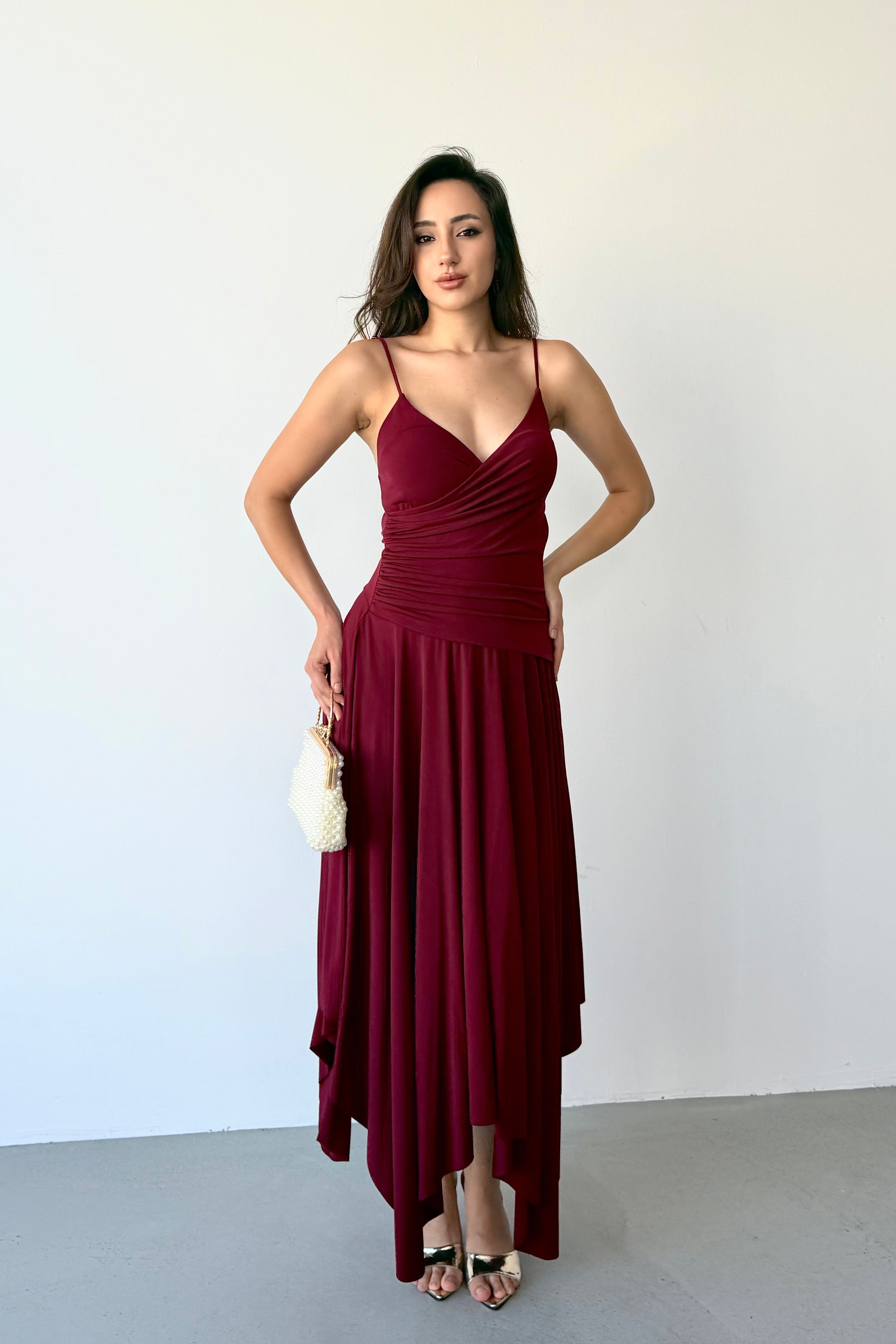 Bordo İnce Askılı Drapeli Kruvaze Asimetrik Elbise