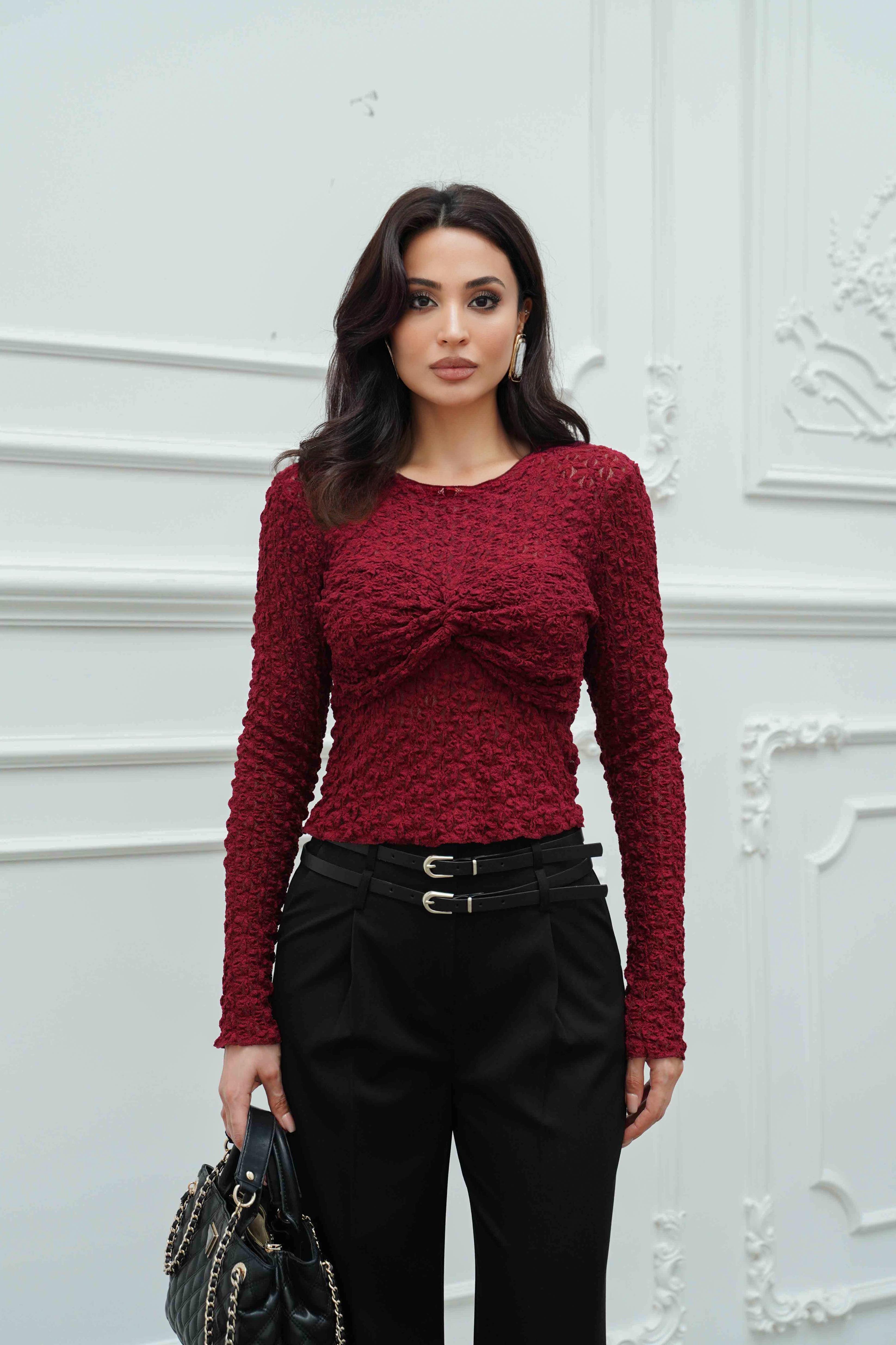 Bordo Göğüs Detaylı Uzun Kollu Dantel Bluz