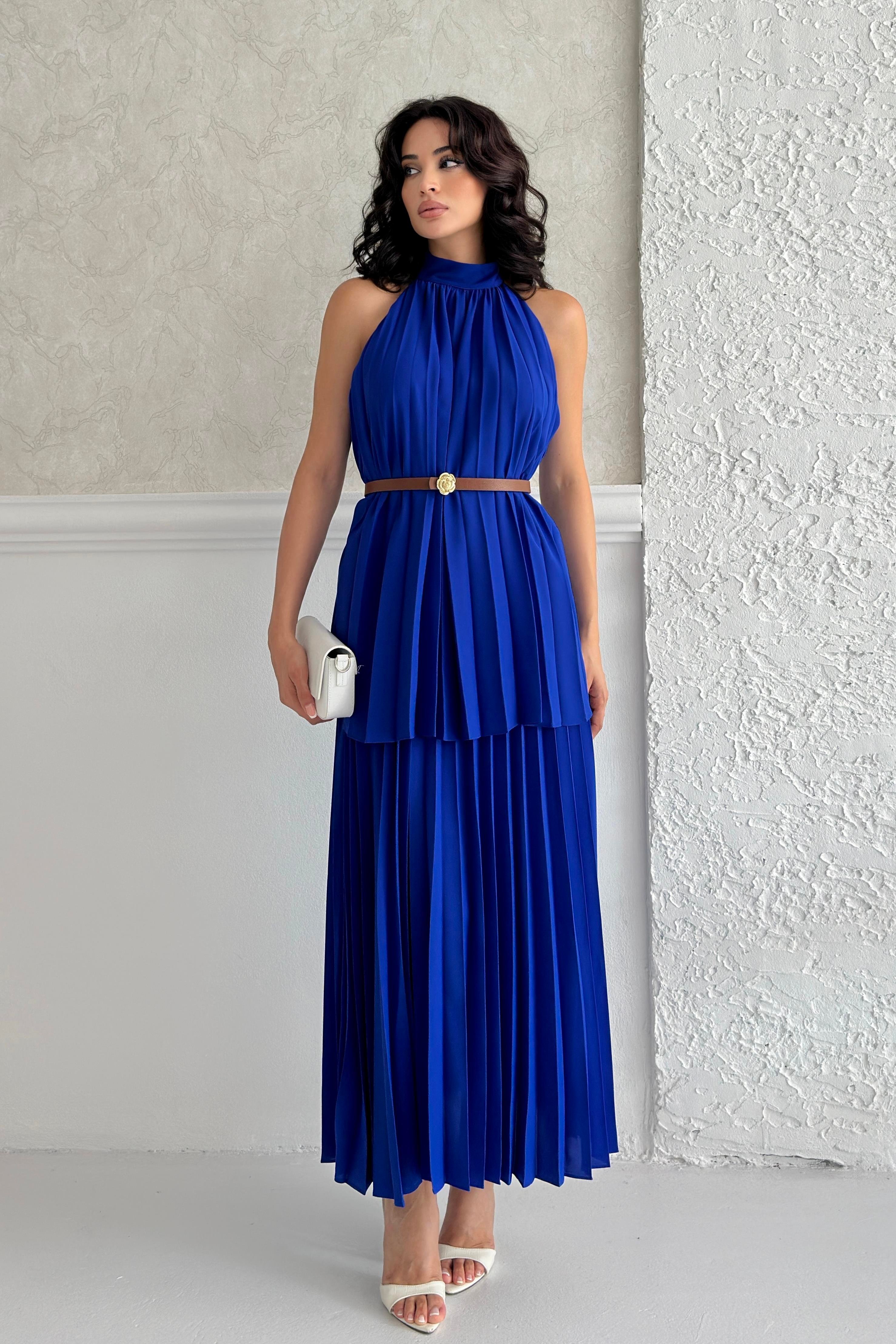 Saks Mavi Pileli Halter Yaka Kemerli Elbise