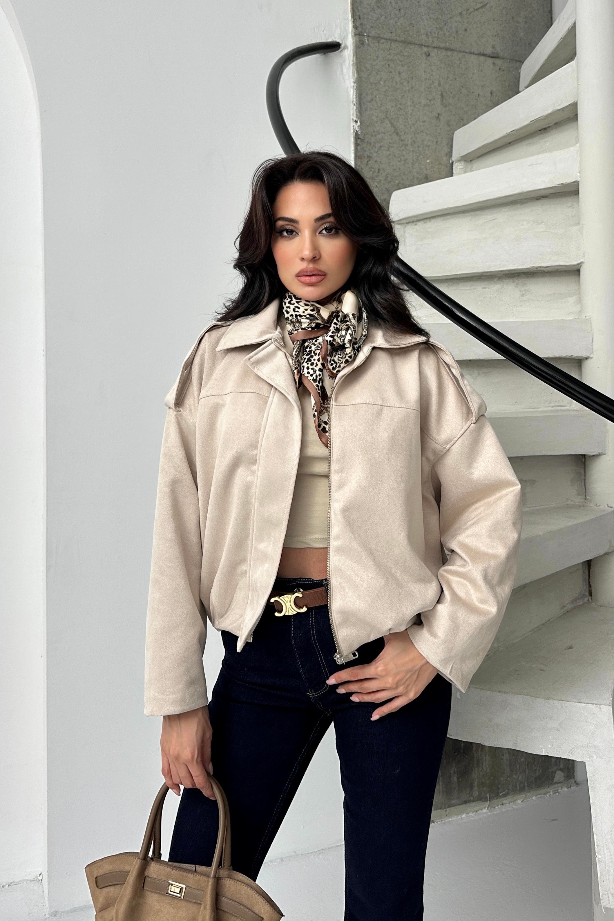 Taş Oversize Kalıp Süet Bomber İnce Ceket