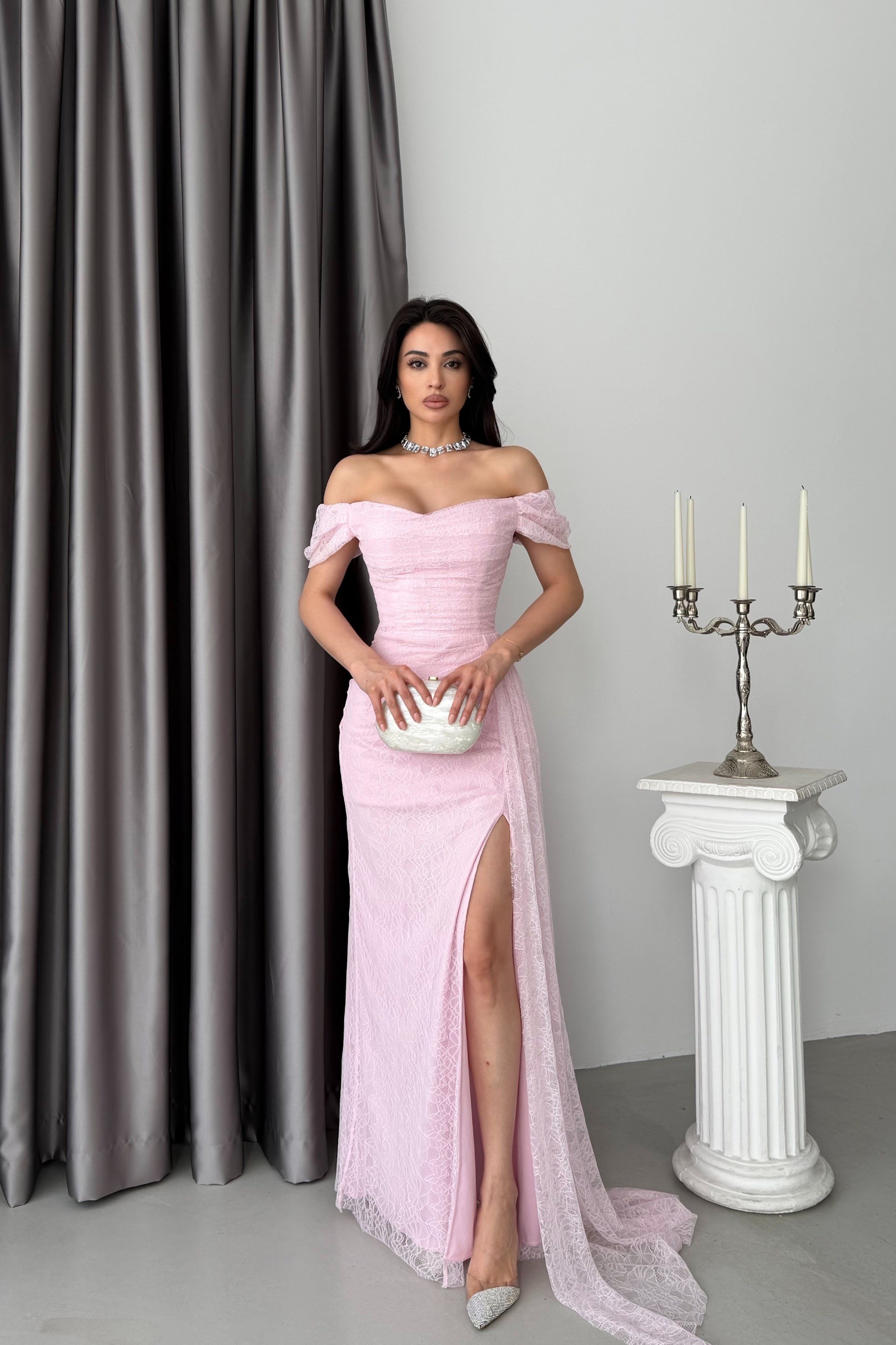 Pudra Düşük Omuz Drapeli Dantel Kumaş Abiye Elbise