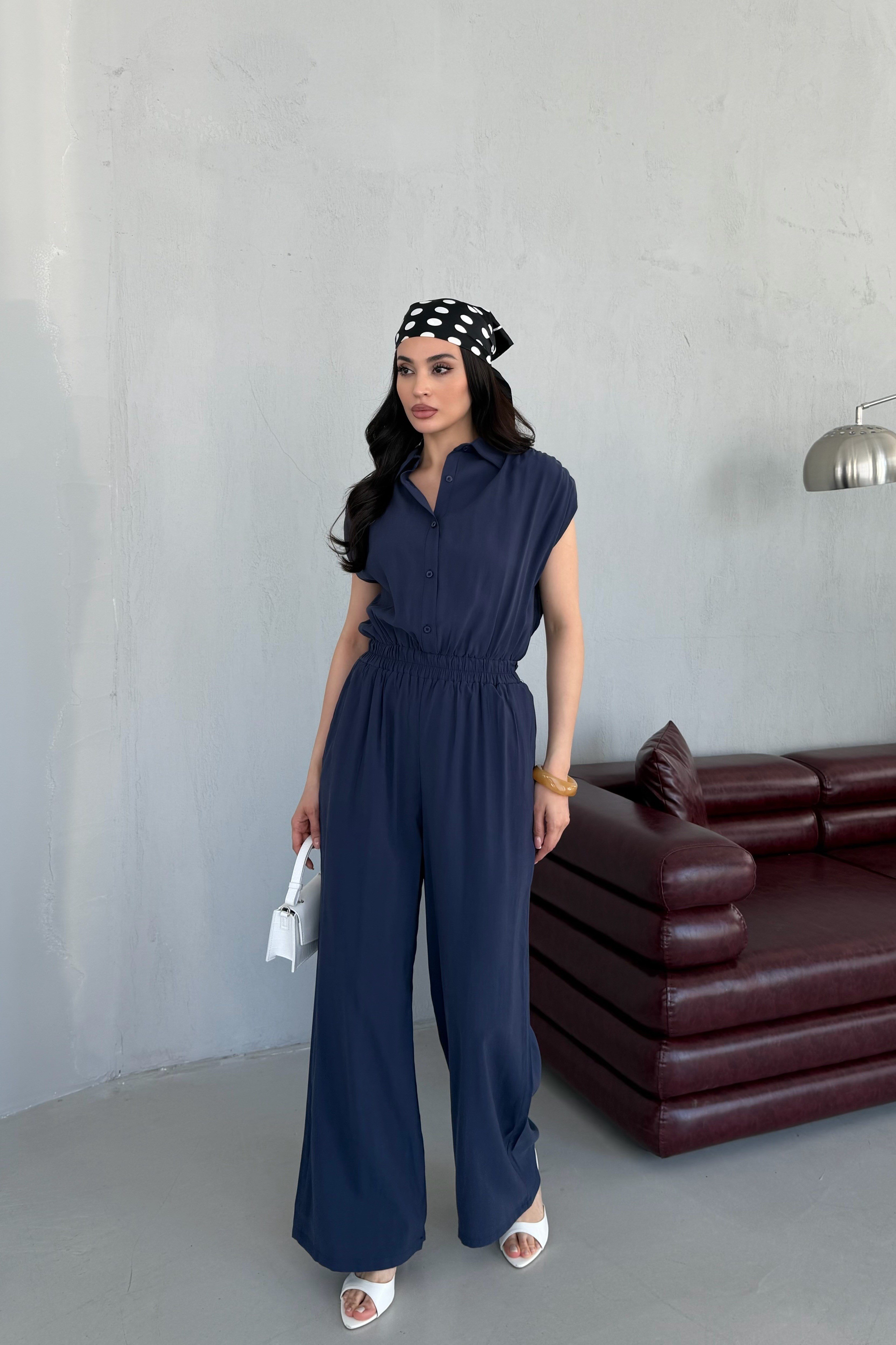 Lacivert Beli Lastikli Gömlek Yaka Tencel Kumaş Uzun Tulum
