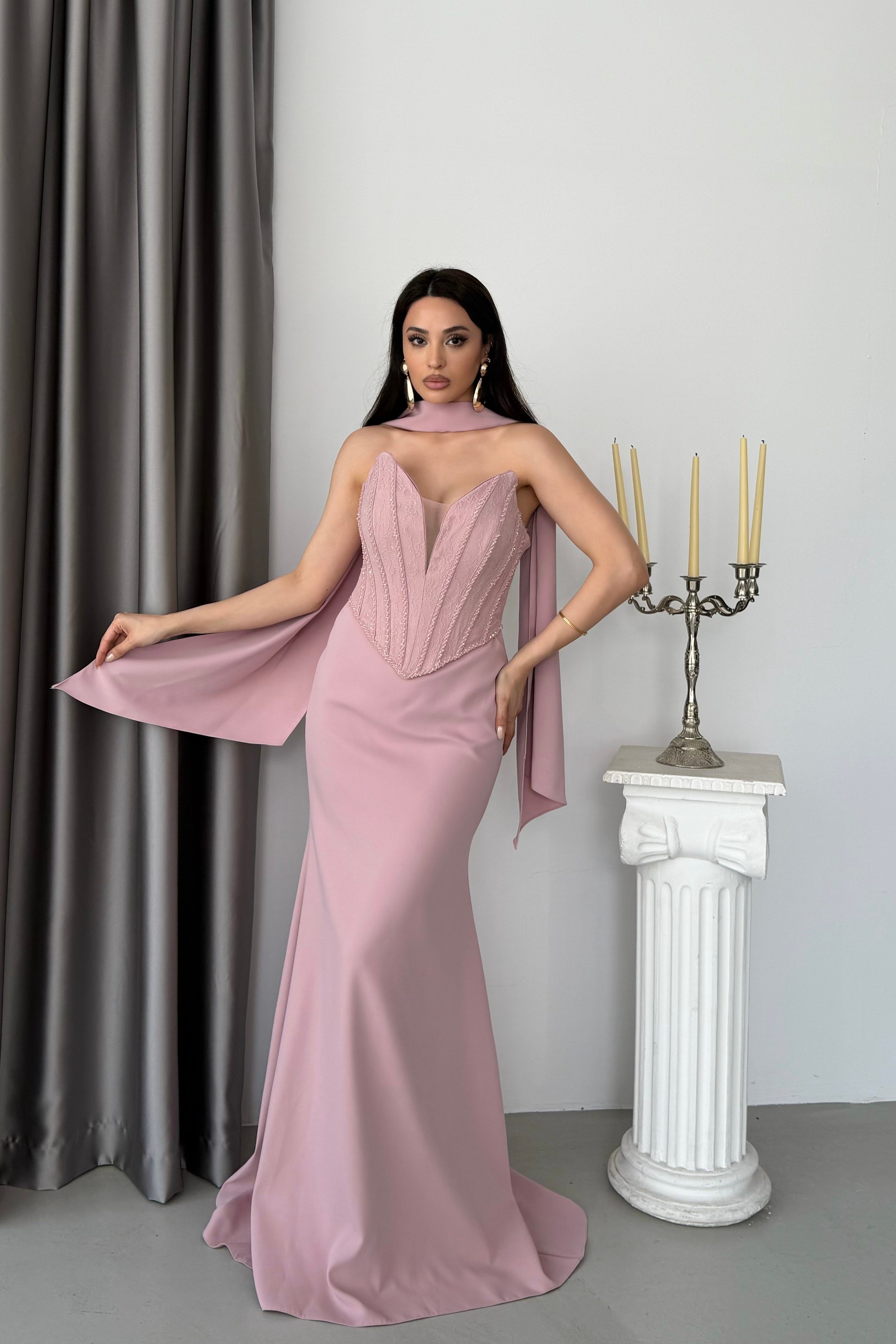 Pudra Straplez Dantel Korse Detaylı Fularlu Balık Model  Abiye Elbise