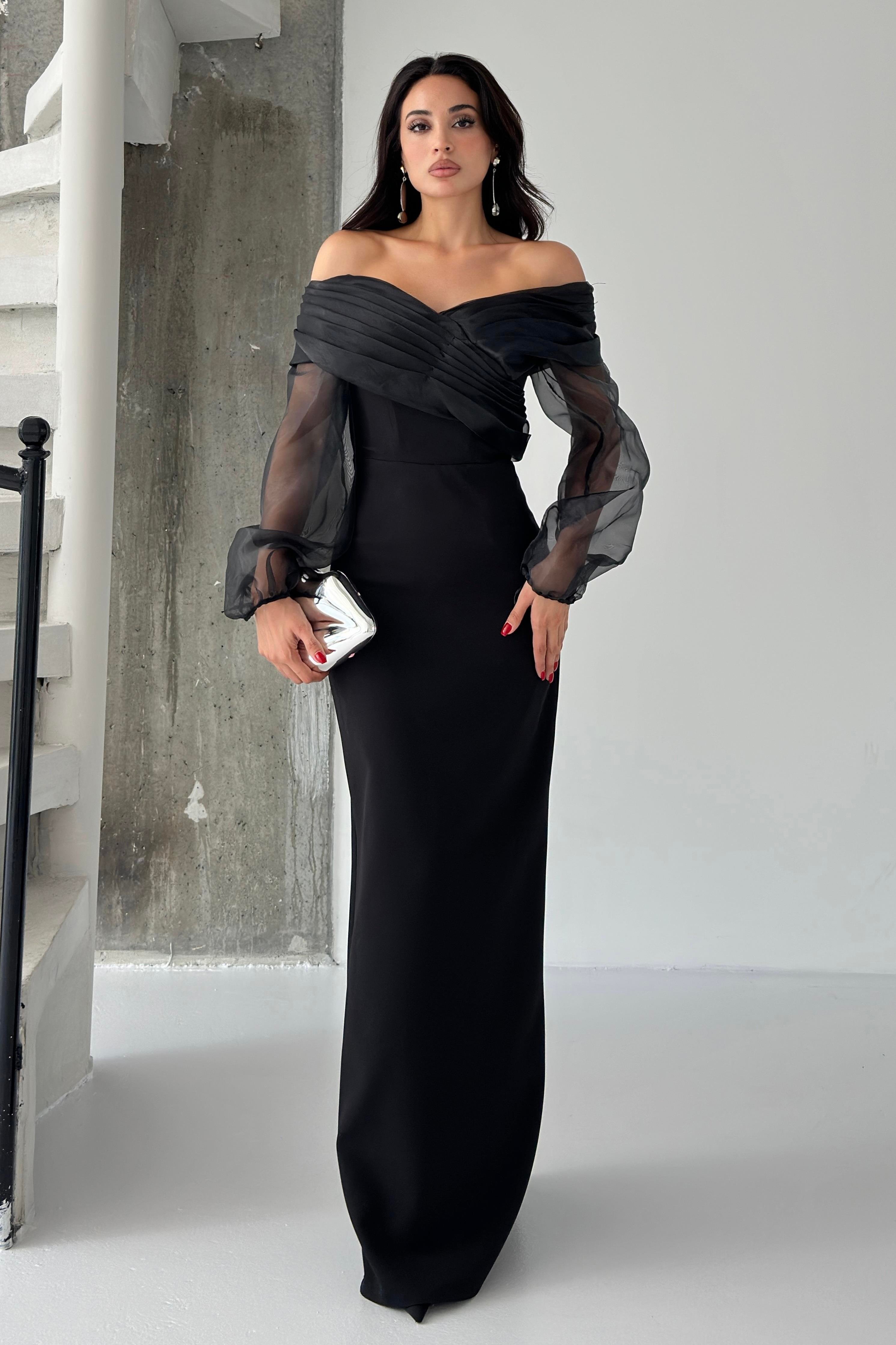 Siyah Şifon Kol Detaylı Düşük Omuz Balık Abiye Elbise