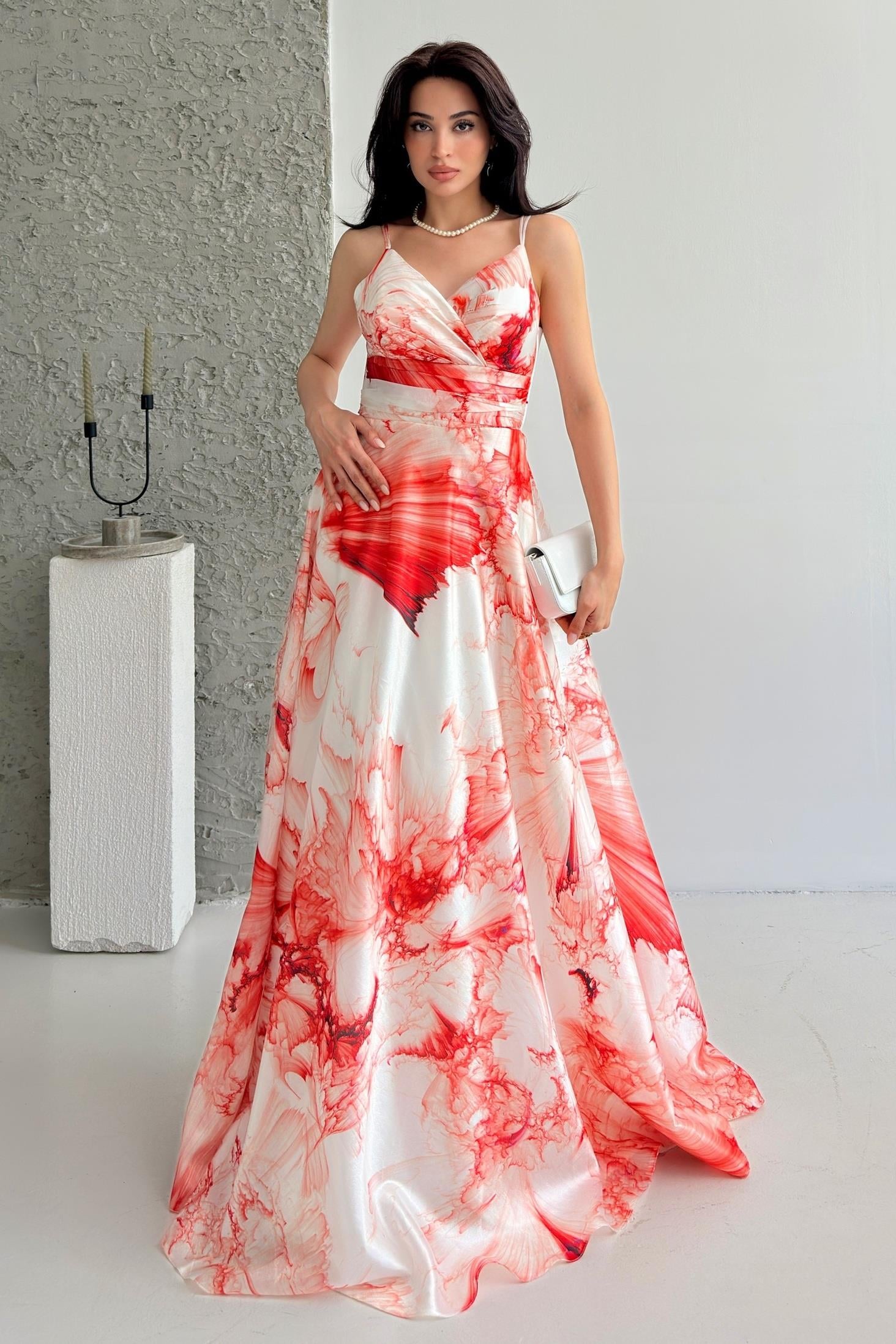 Kırmızı Desenli Askılı Astarlı Organze Abiye Elbise