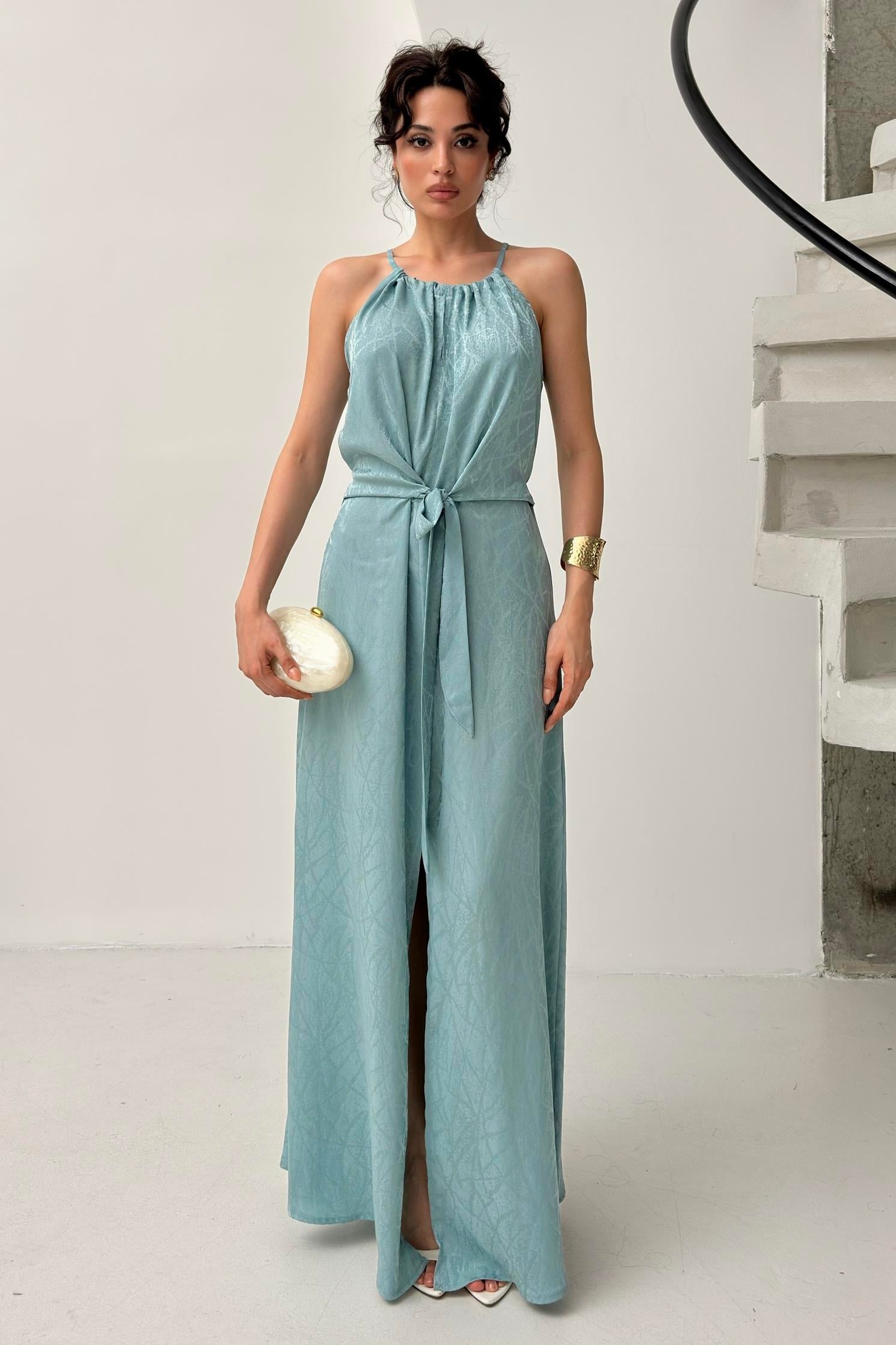 Mint Bağlama Detaylı Yırtmaçlı Saten Elbise