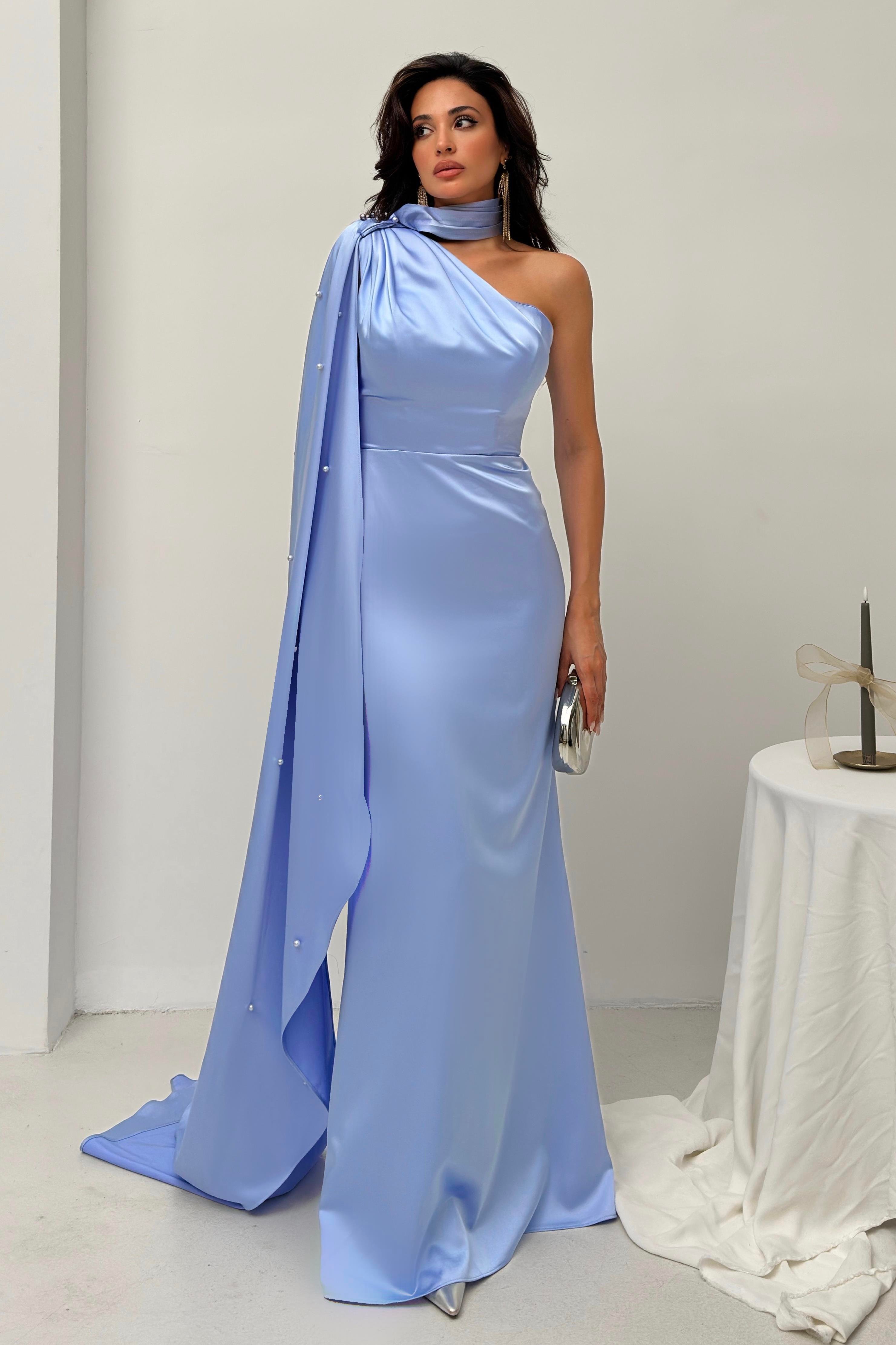 Bebe Mavi Tek Omuz Şal Detaylı Asimetrik Saten Abiye Elbise