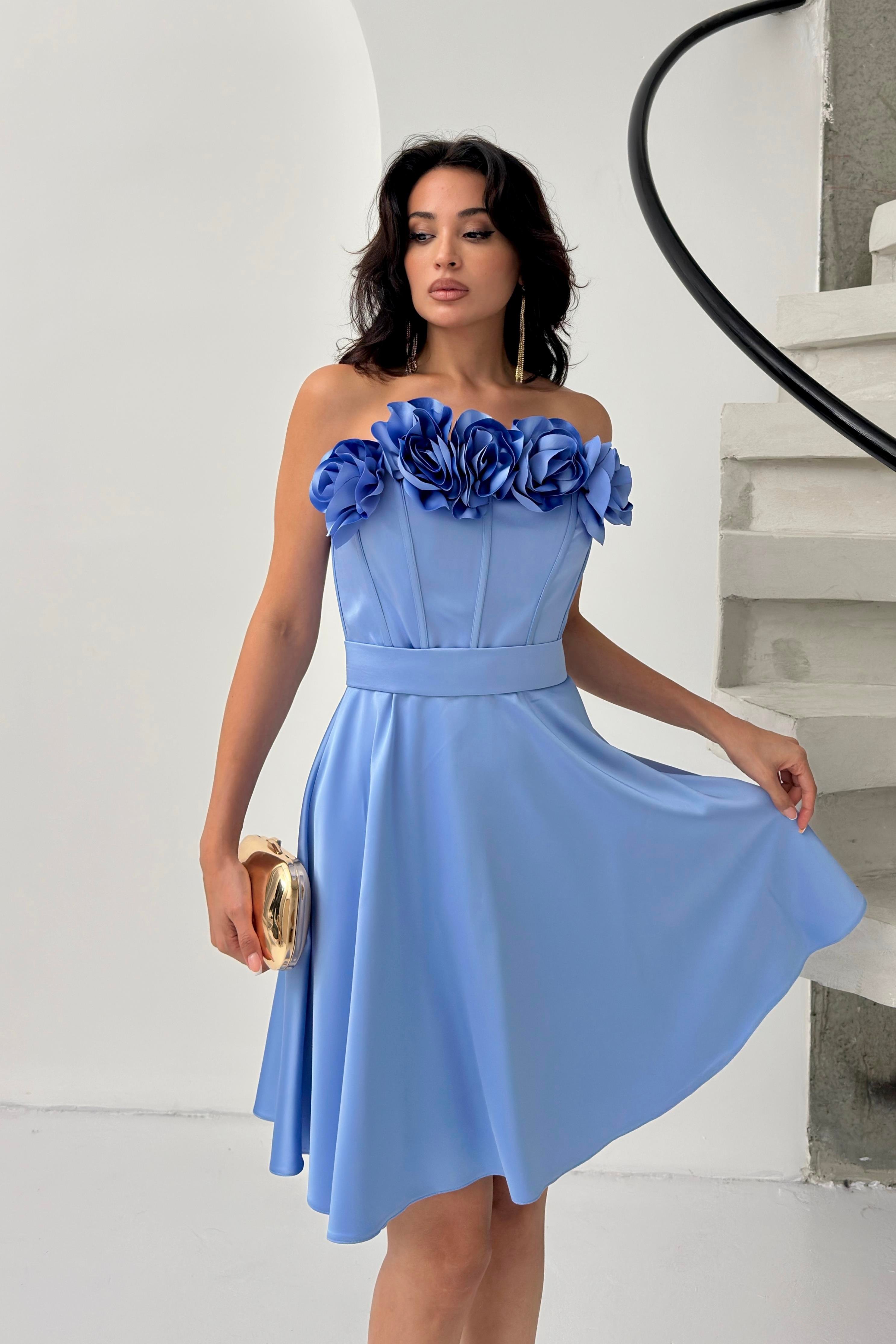 Bebe Mavi Straplez Mini Saten Abiye Elbise