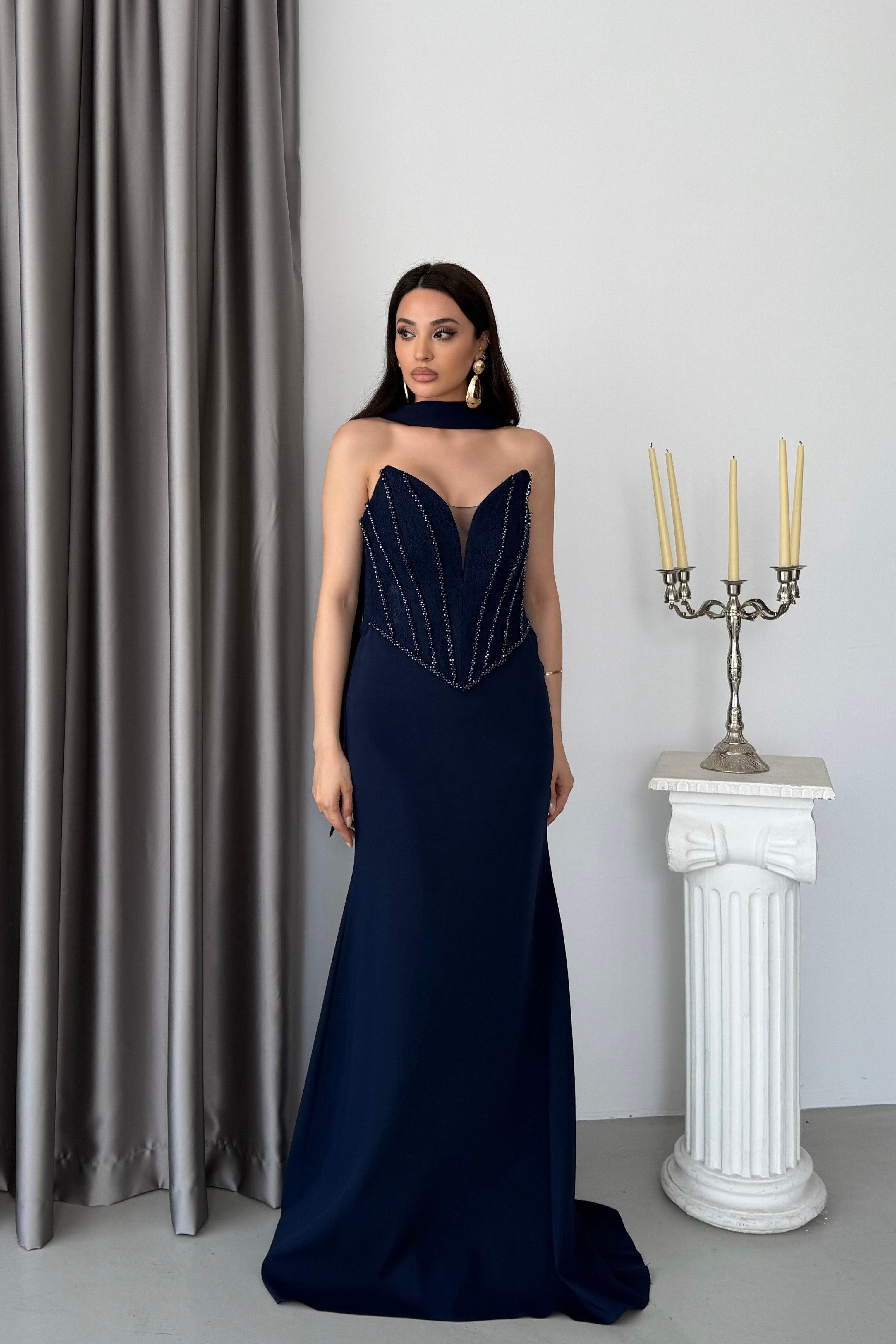 Lacivert Straplez Dantel Korse Detaylı Fularlu Balık Model  Abiye Elbise