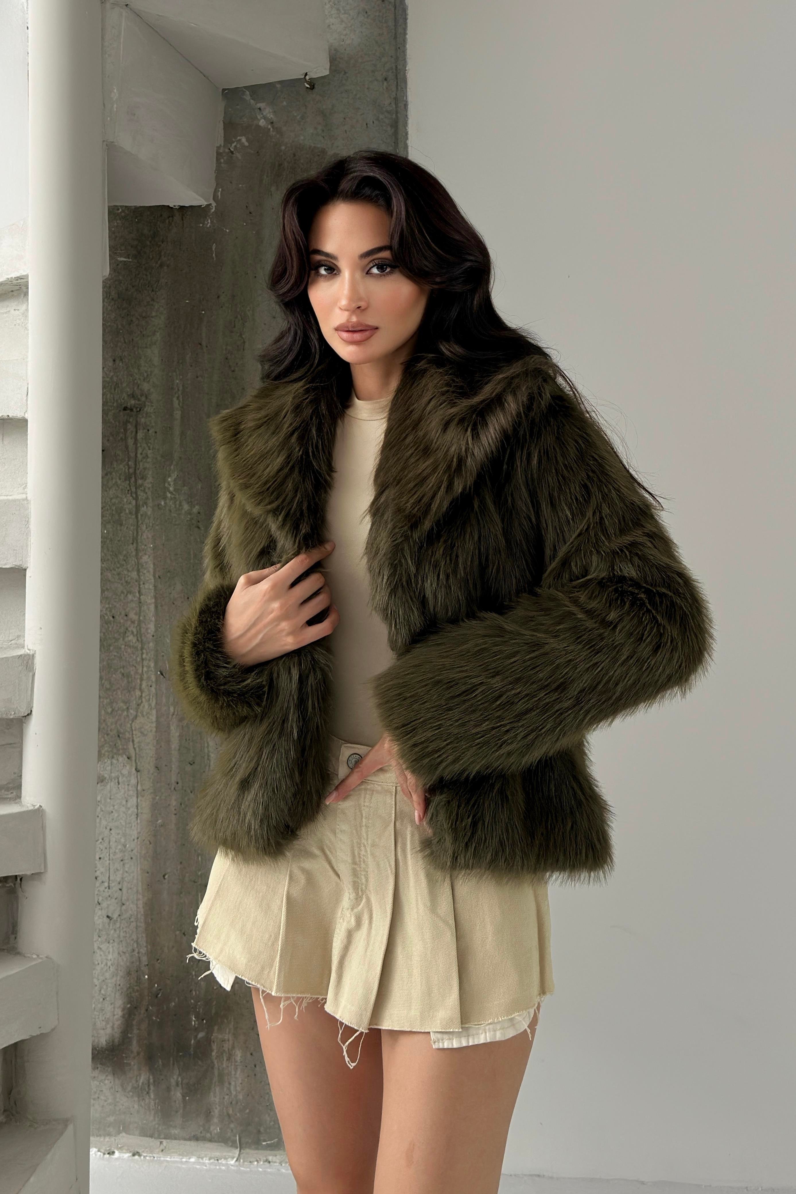 Haki Premium Astarlı Suni Kürk Kaban