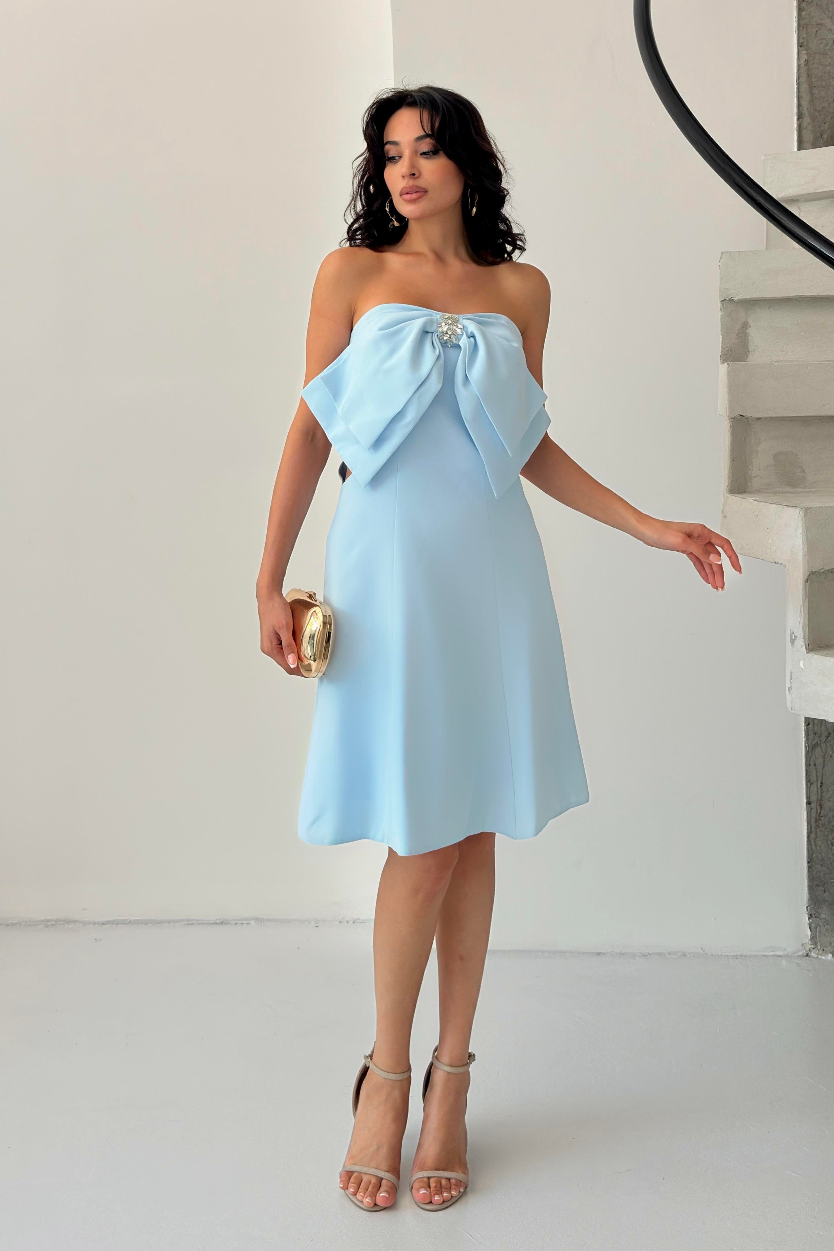 Bebe Mavi Fiyonk Detaylı Mini Abiye Elbise