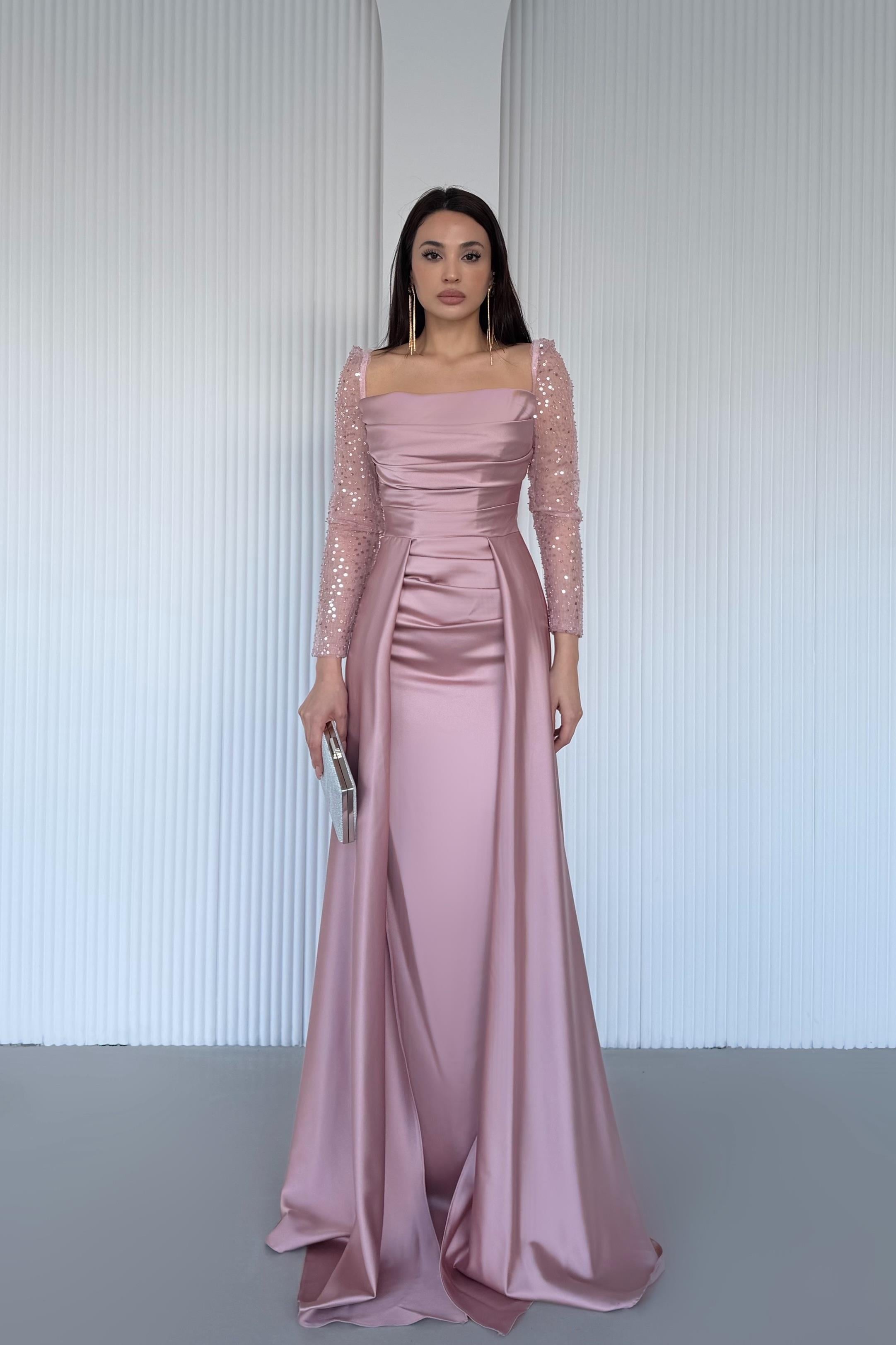 Pudra Payet İşlemeli Pelerinli Abiye Elbise