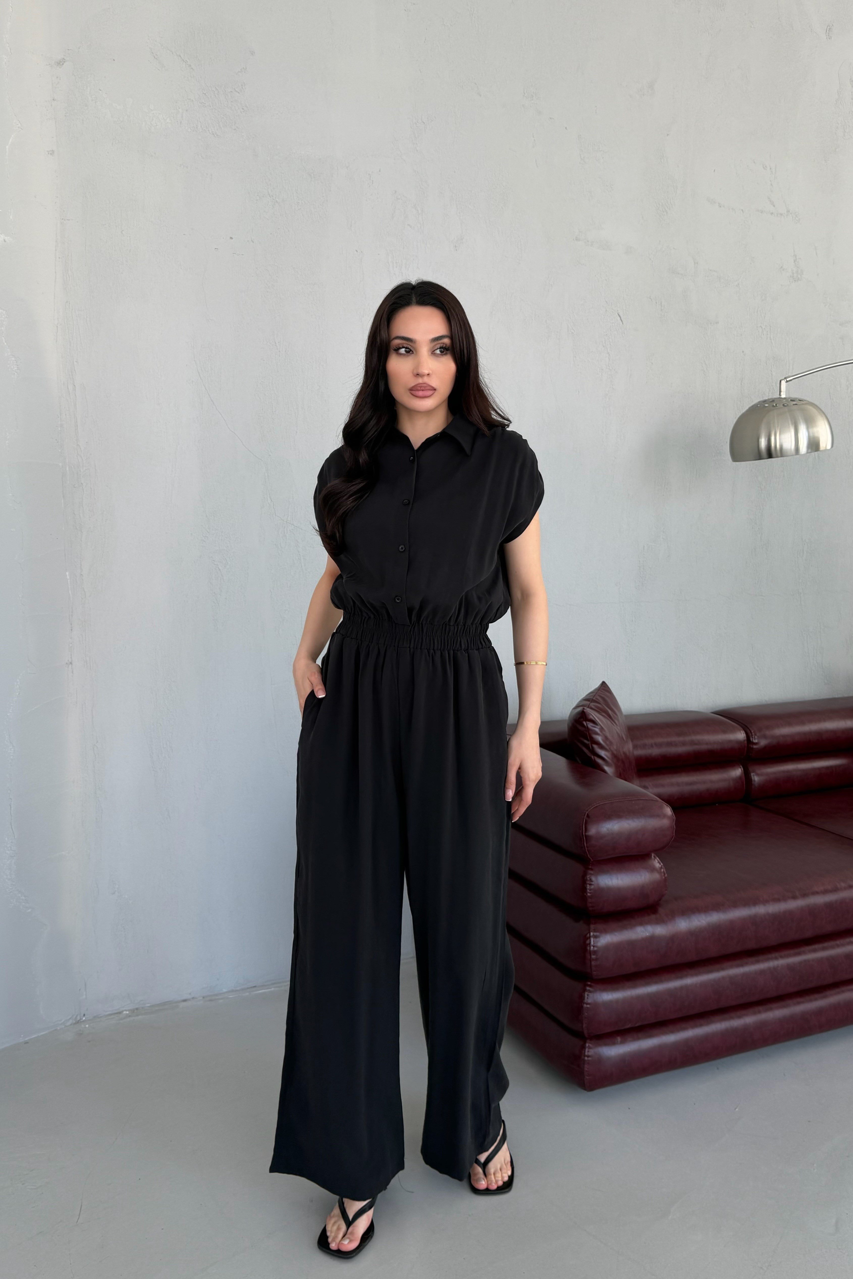 Siyah Beli Lastikli Gömlek Yaka Tencel Kumaş Uzun Tulum