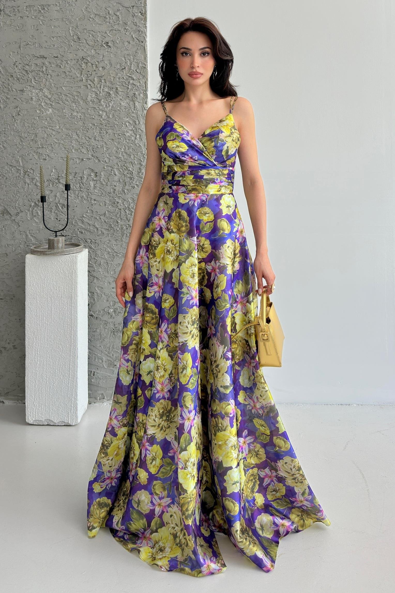 Sarı Desenli Askılı Astarlı Organze Abiye Elbise