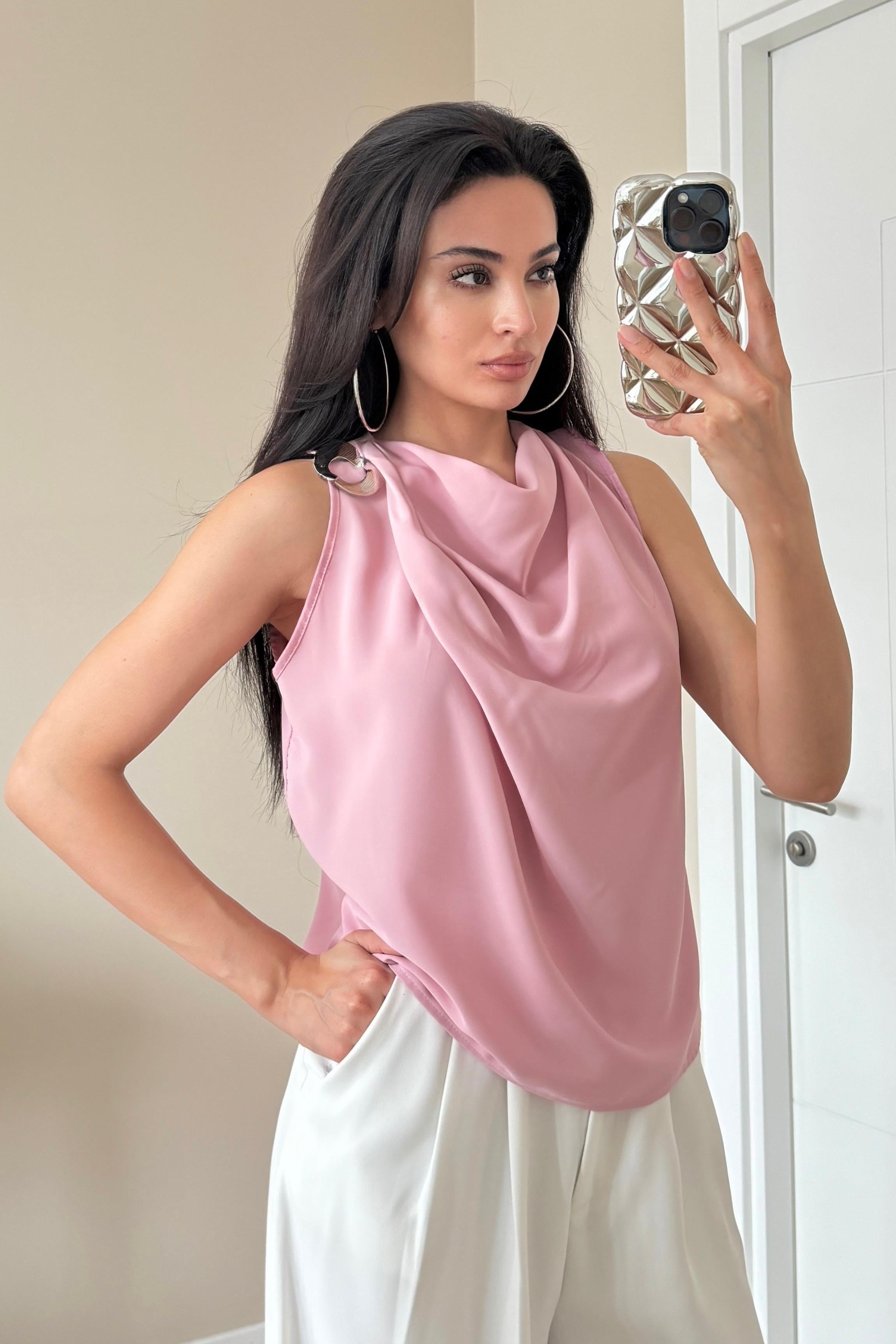 Pudra Omuz Tokalı Degaje Yaka Kolsuz Bluz