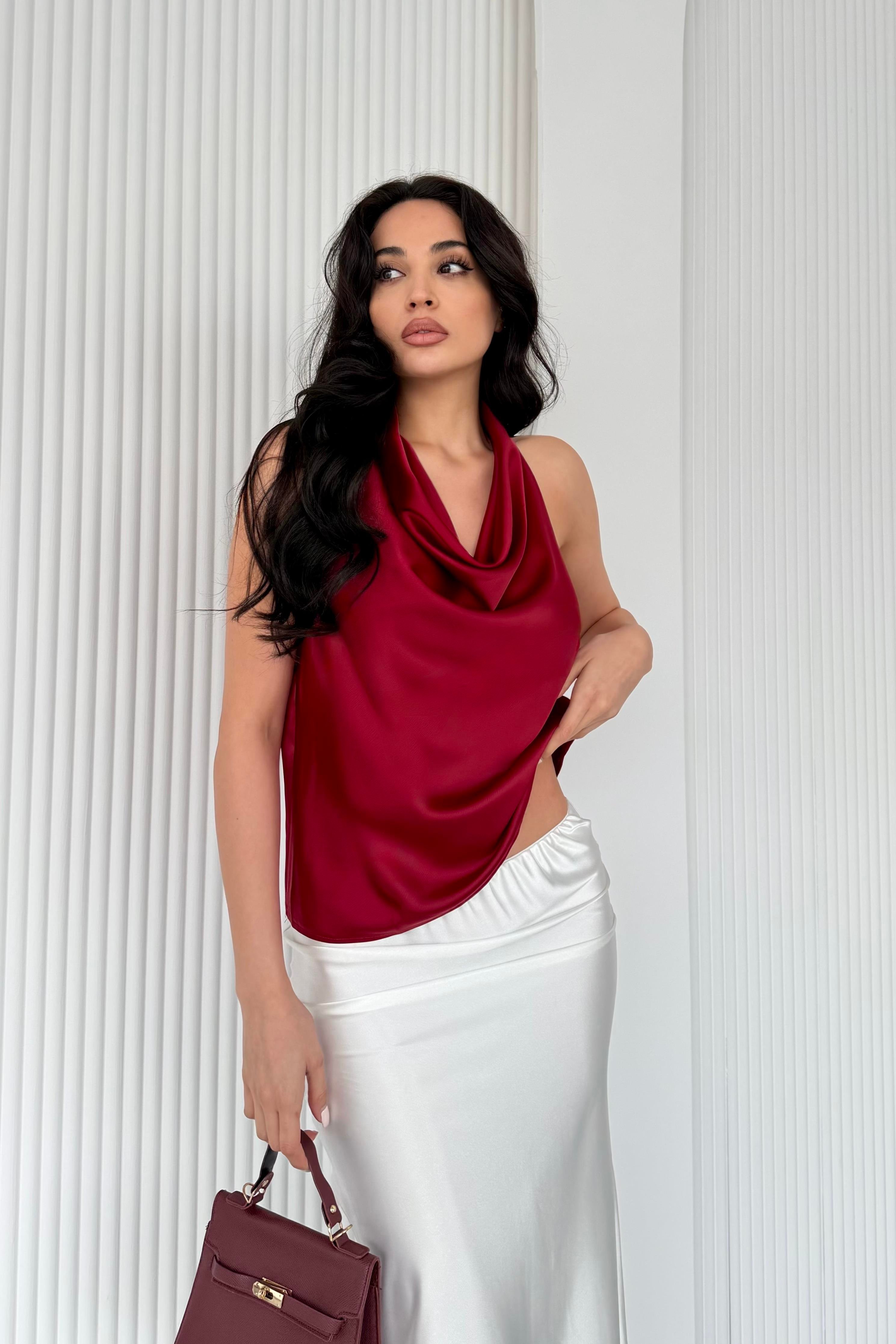 Bordo Degaje Yaka Dökümlü Saten Bluz
