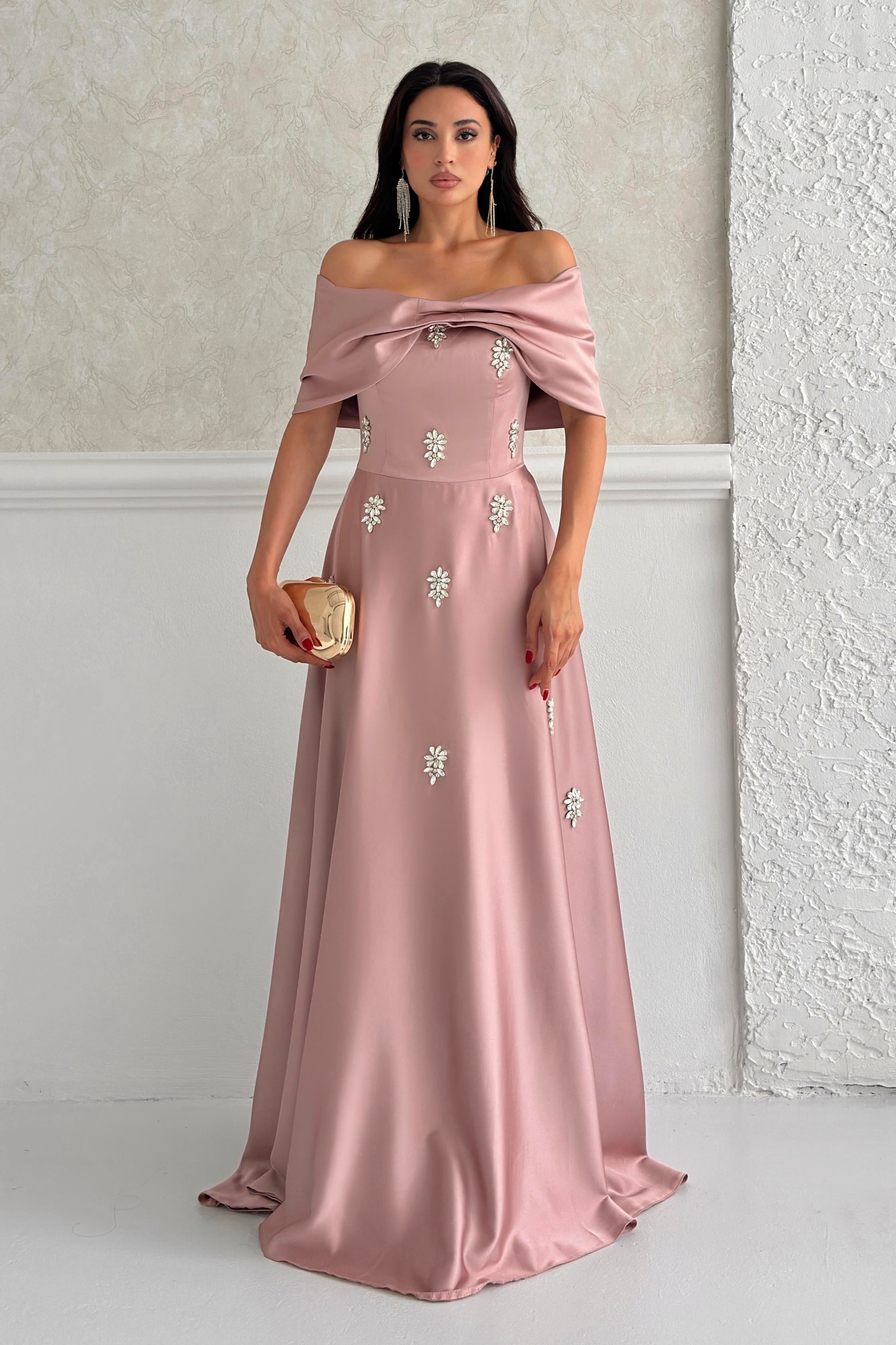 Pudra Düşük Omuz Straplez Taşlı Saten Abiye Elbise