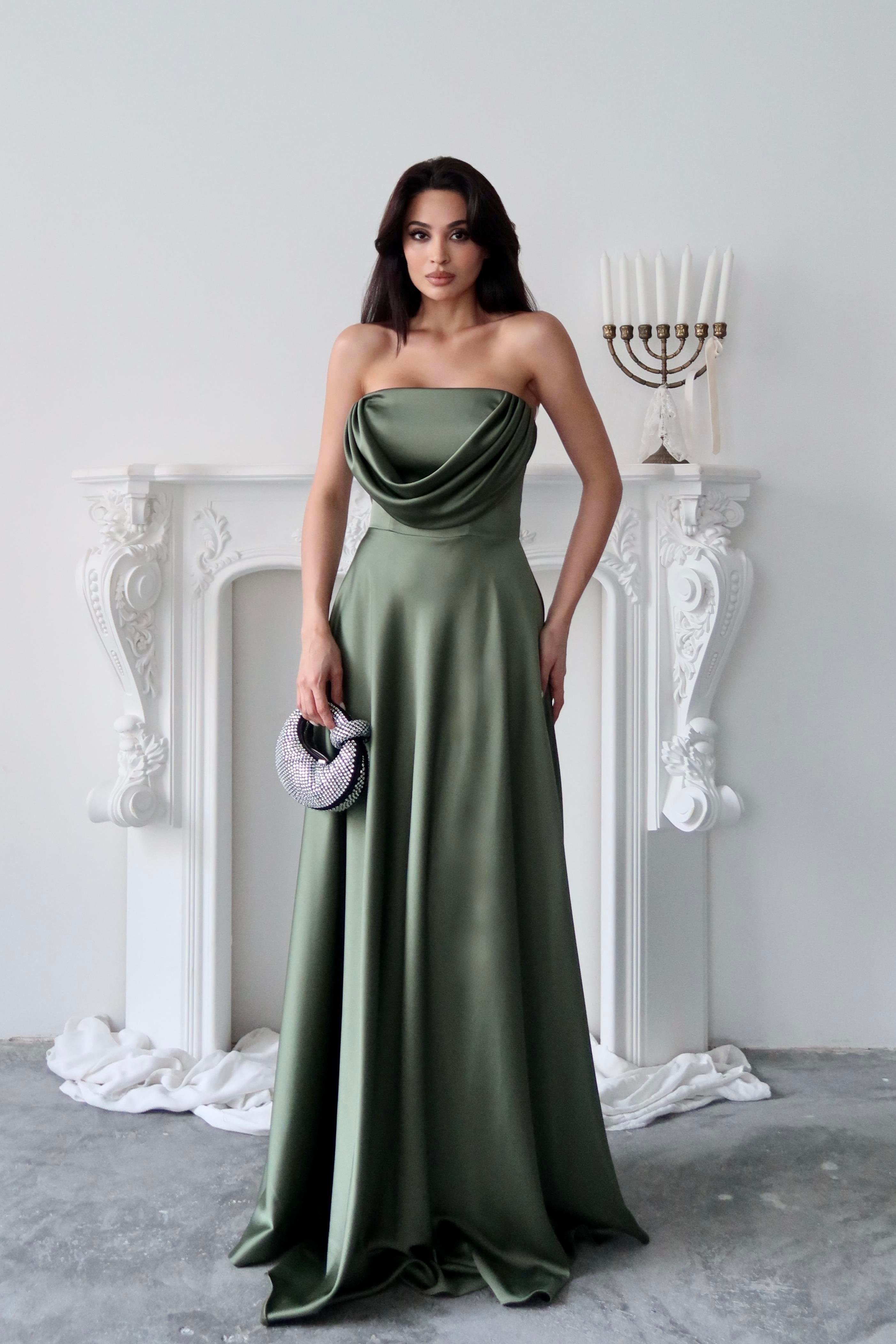 Haki Göğüs Drapeli Straplez Saten Abiye Elbise