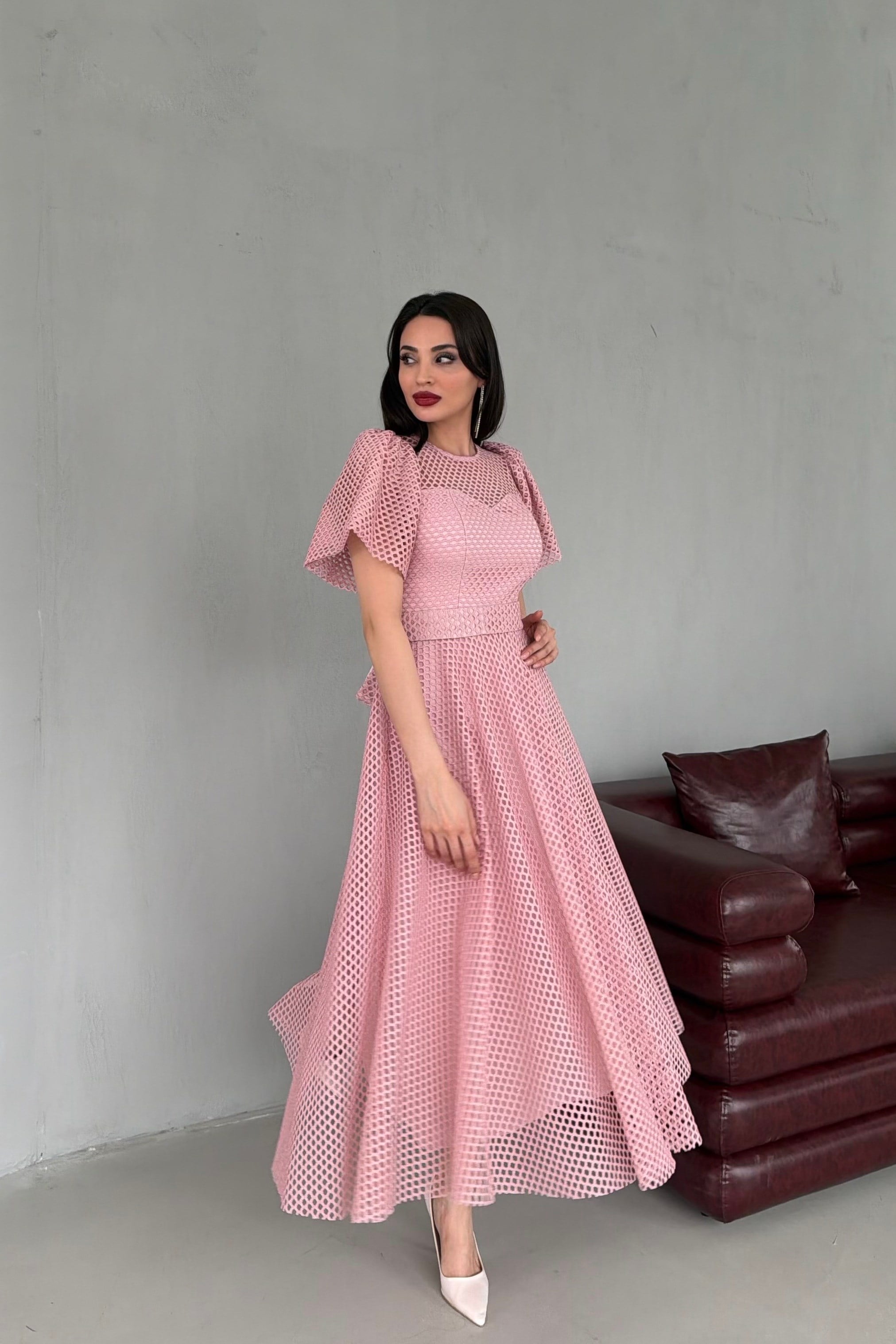 Pembe Balon Kol Kuşaklı File Kumaş Midi Abiye Elbise