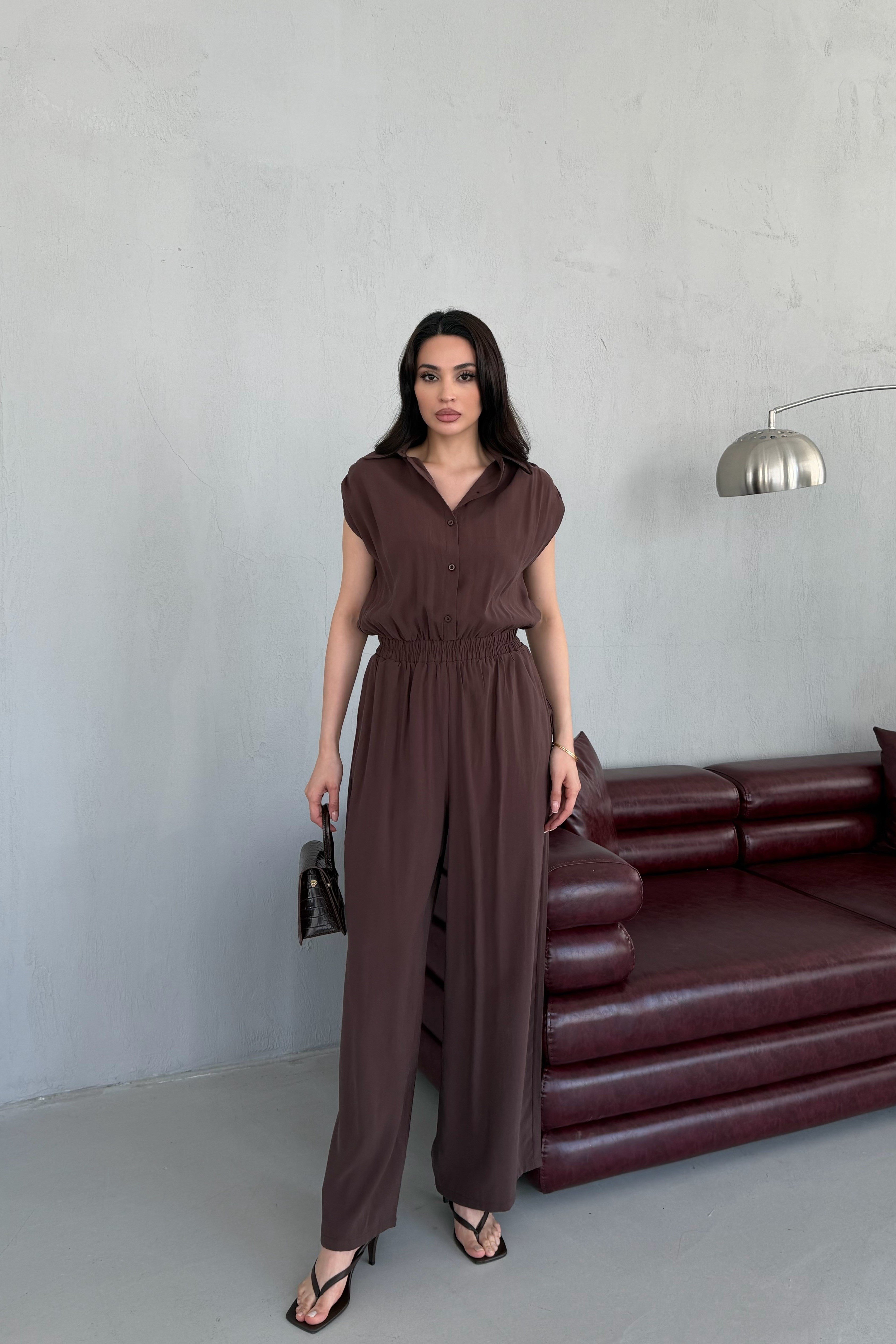 Kahverengi Beli Lastikli Gömlek Yaka Tencel Kumaş Uzun Tulum