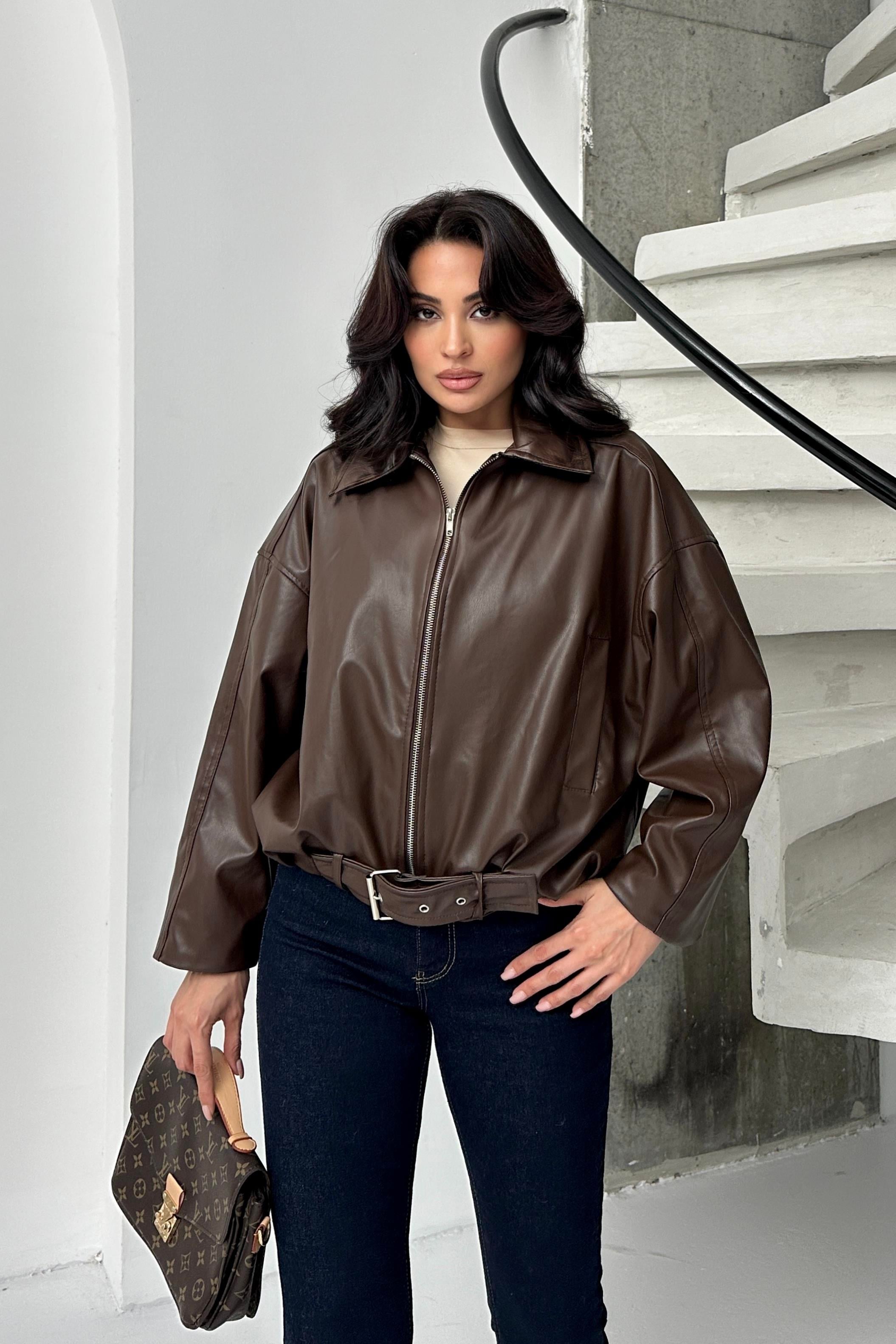 Kahverengi Suni Deri Yakalı Bomber Ceket