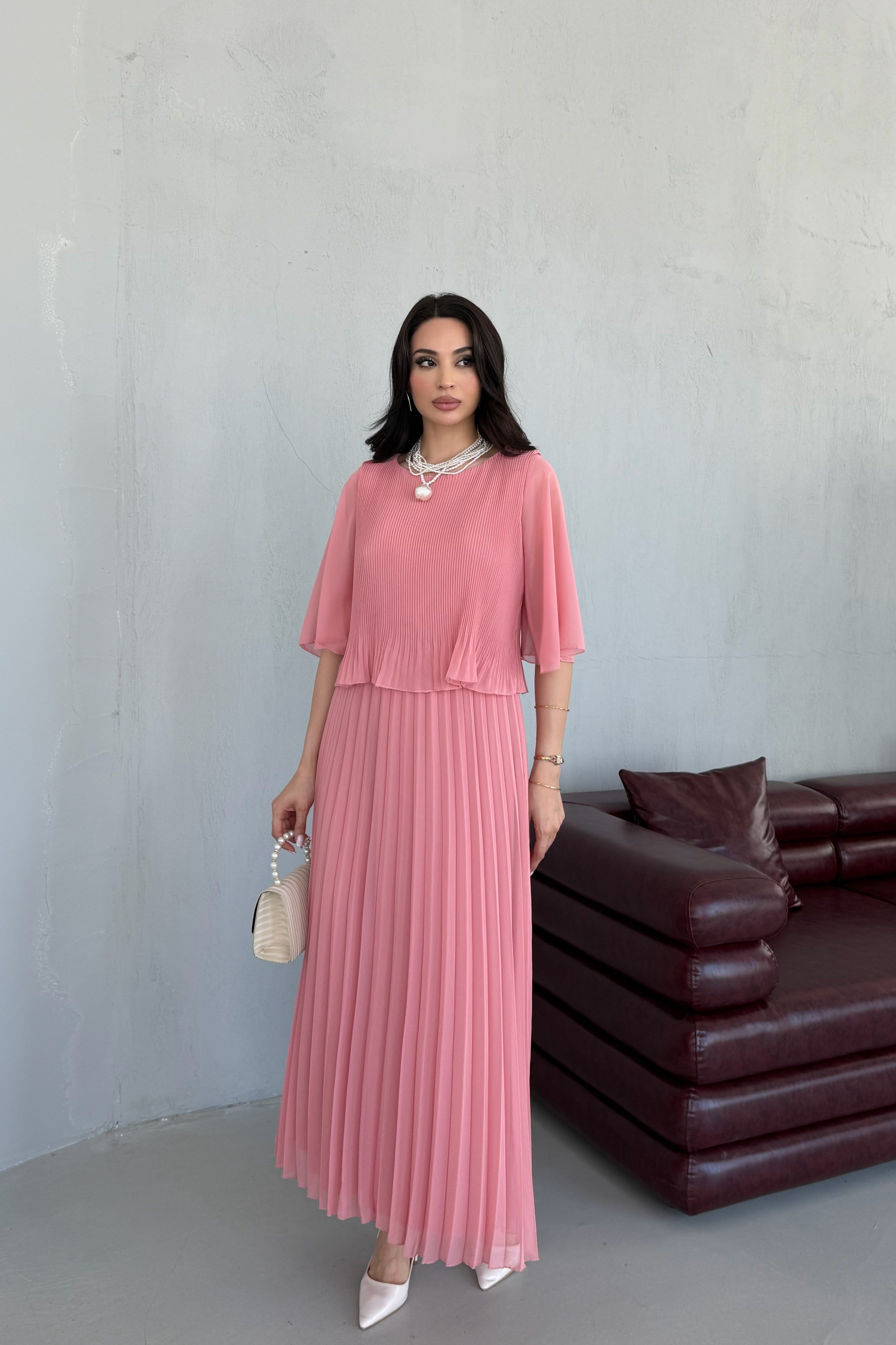 Pudra Yarasa Kol İki Katlı Pliseli Elbise
