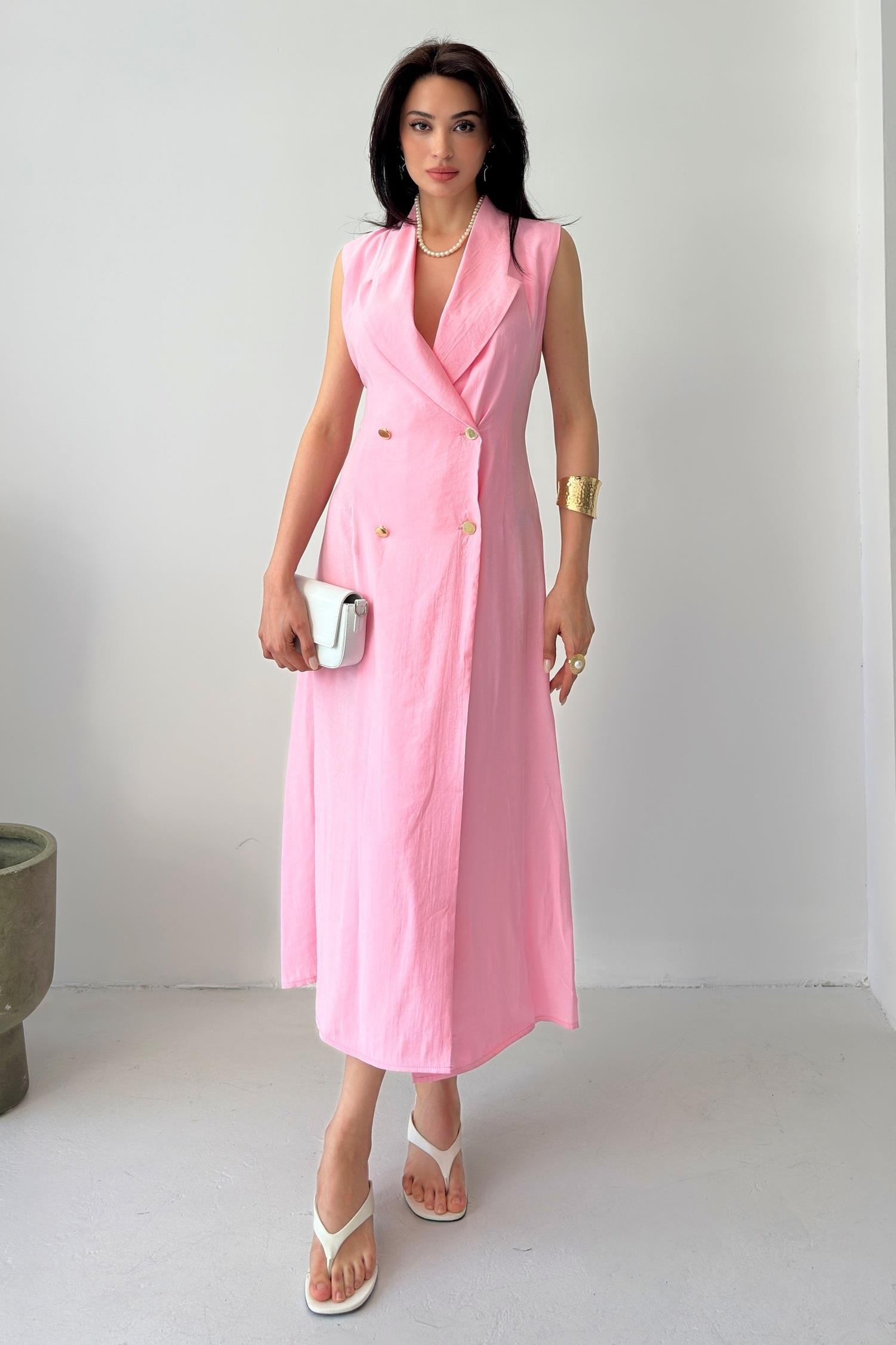 Pembe Kruvaze Yaka Düğmeli Yırtmaçlı Tensel Elbise