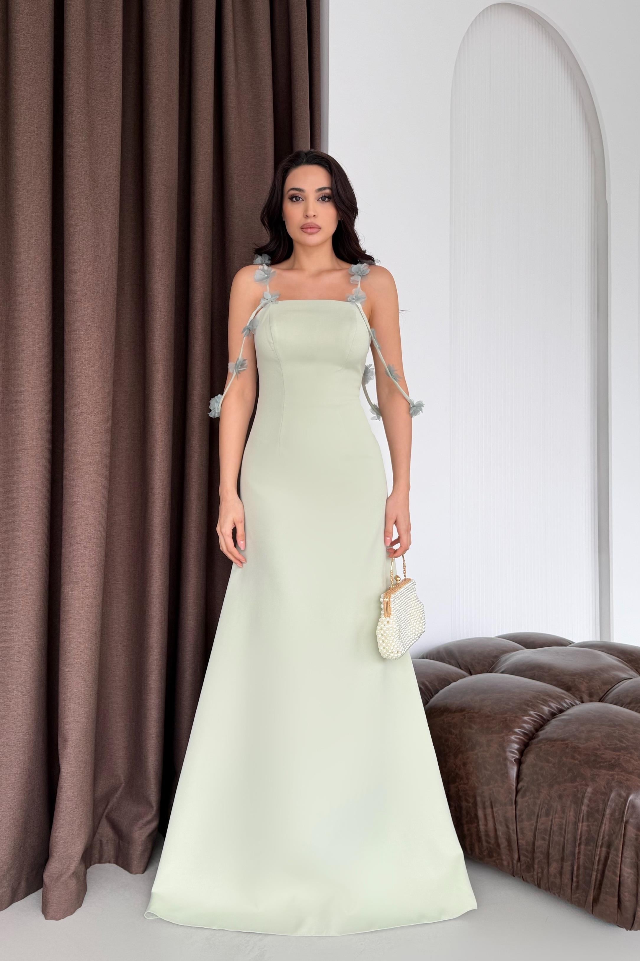 Mint Askısı Çiçek Detaylı Uzun Abiye Elbise