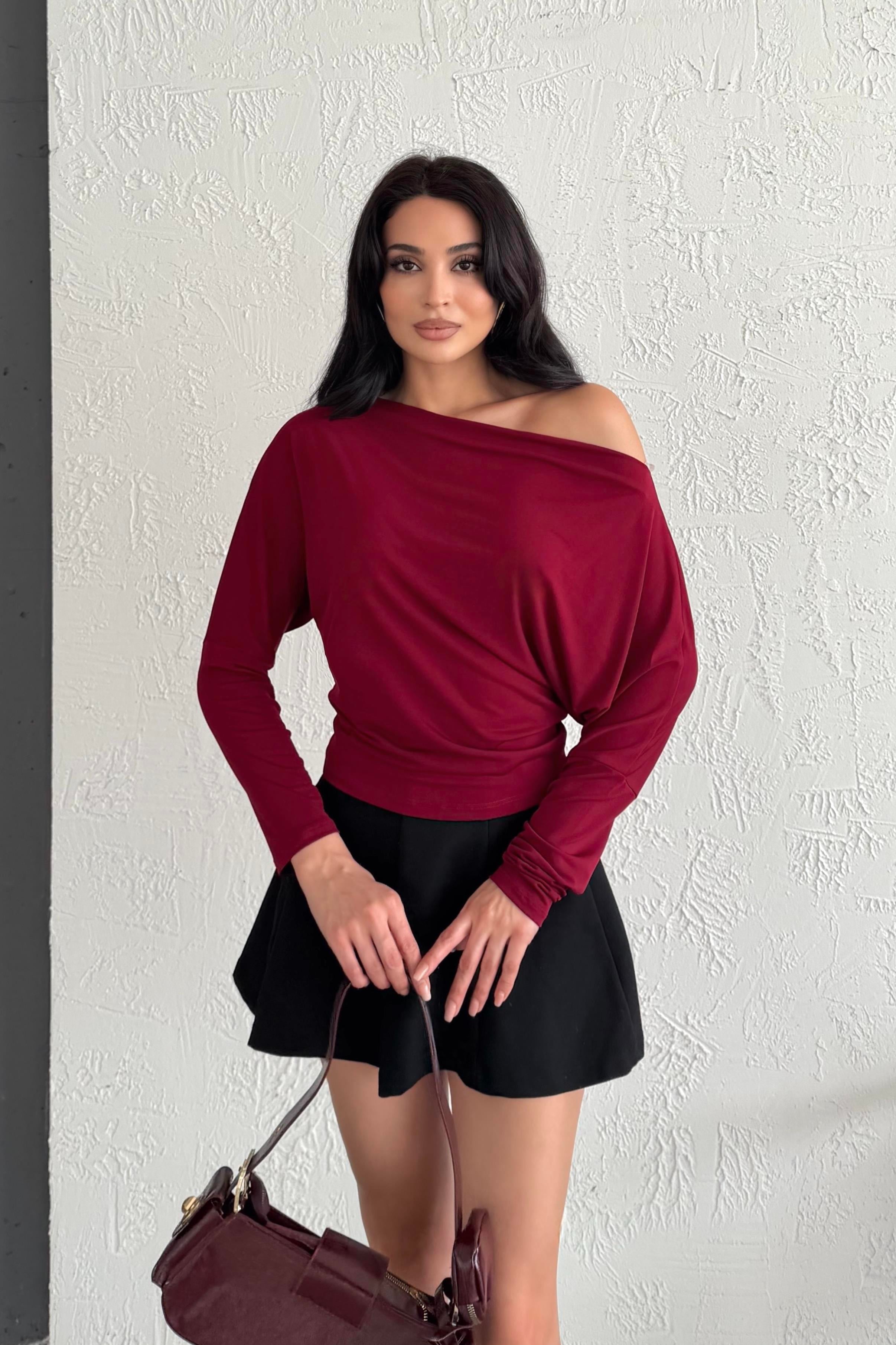 Bordo Kayık Yaka Düşük Omuz Bluz