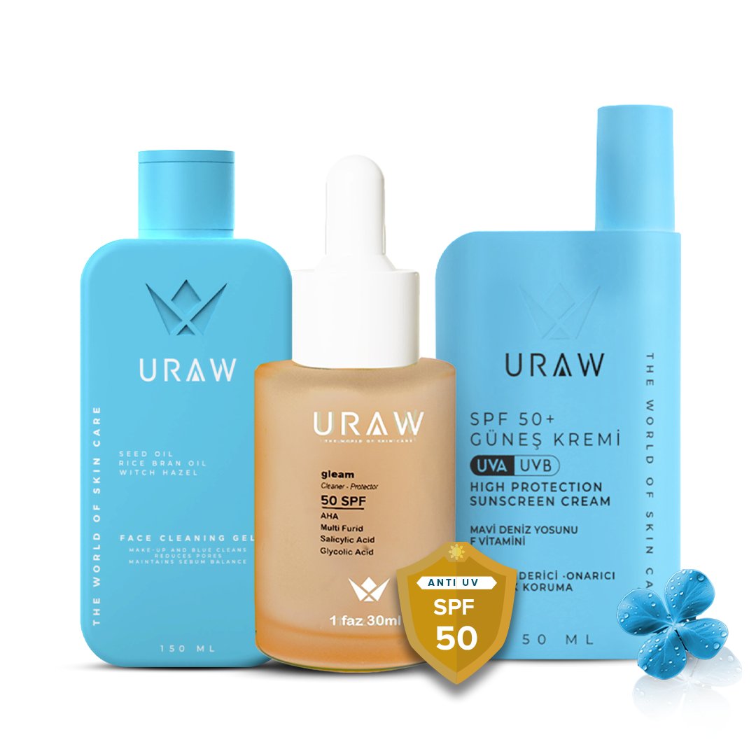 Gleam Serum + Mavi Deniz Yosunu Güneş Kremi + Yüz Temizleme Jeli (Leke Karşıtı Koruyucu ve Arındırıcı Bakım Seti)