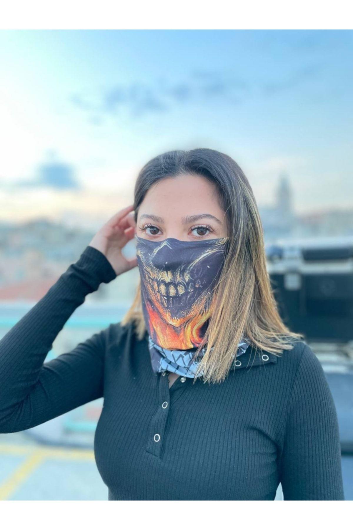 Alevlli Kuru Kafa Desenli Dikişsiz Dijital Baskı Baf Buff Bandana Boyunluk