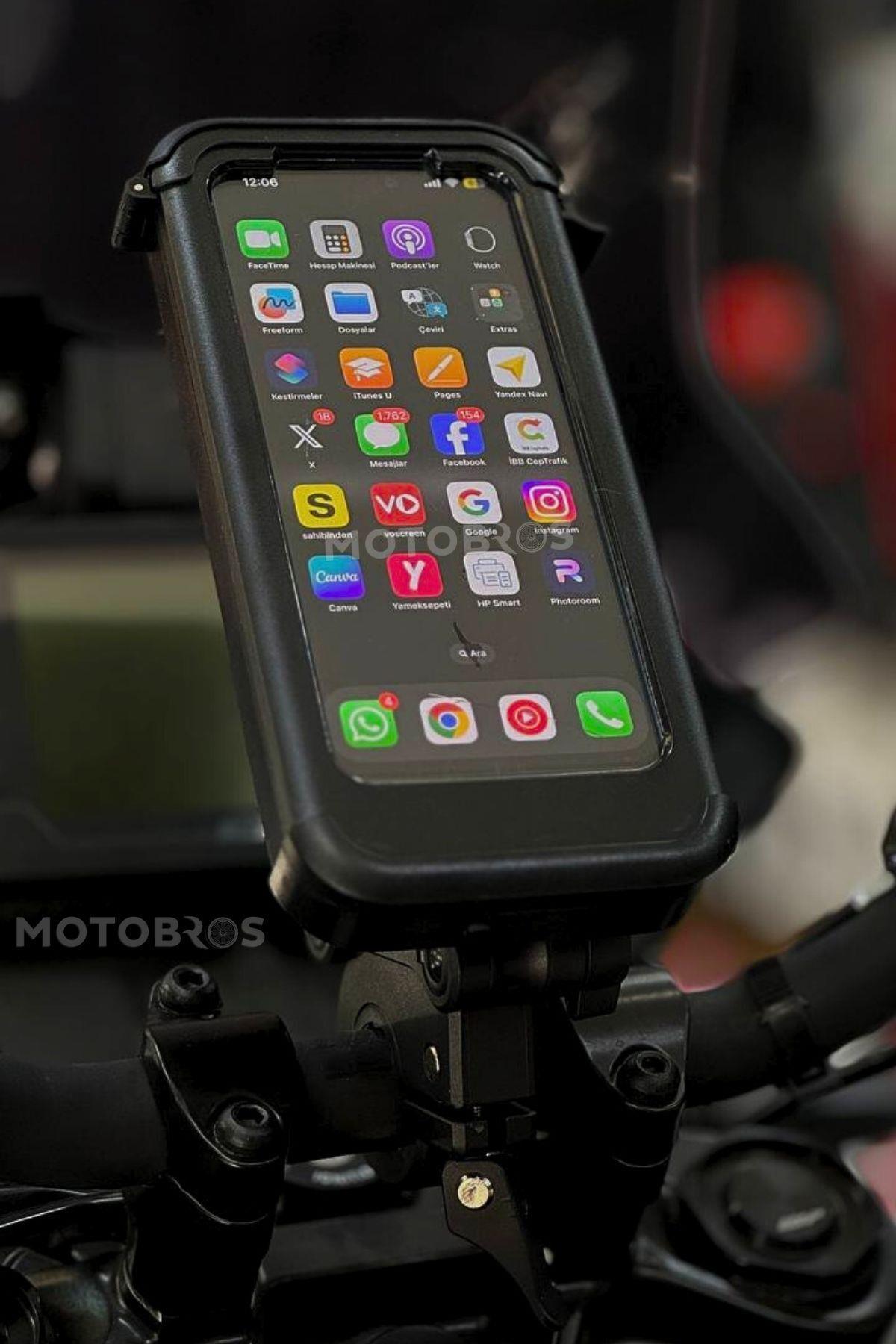 Motosiklet Bisiklet Telefon Tutucu Kapalı Su Geçirmez Mafsallı Dokunmatik (Ayna-Gidon Bağlantılı)